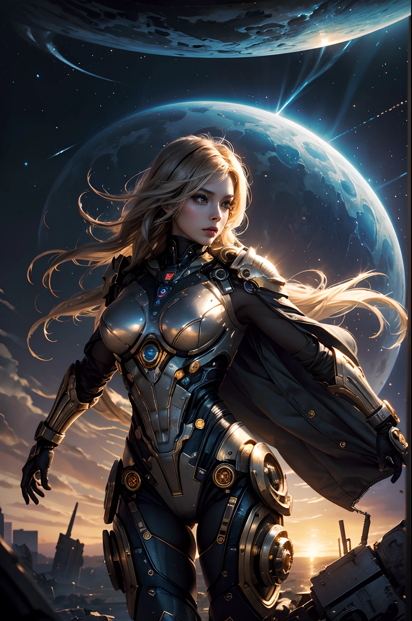 realistic visual effects,attractive beautiful,dramatic contrast,Gentle lighting,Delicate warmth,the soft light,hyper HD, Extremely colorful,best qualityer,perfect female shape,HighDynamicRange,long eyelasher,Unbeatable masterpiece,putting makeup on, Sexy goddess,Large metal mechanical gears,Strange sky,8K high quality,A pair of big eyes are beautiful and moving,White skin,Makeup,Sexy outfit,Gold this round,Gold Warframe,Spaceship,Mechanical pets, 【Background with】Large gold gear,Doomsday ruins,Giant tornado,The setting sun burns the clouds,Multiple planets,The end of the world,Multiple planets,Space-time tunnel,Space battleships,Mards,,Jupiter,Lightning Thunder, Mercury,Strange sky,Giant tornado,Blue light,salama,Large flying machines,Cool car,Time Tunnel,nuclear power plant,Futuristic car,tornado。