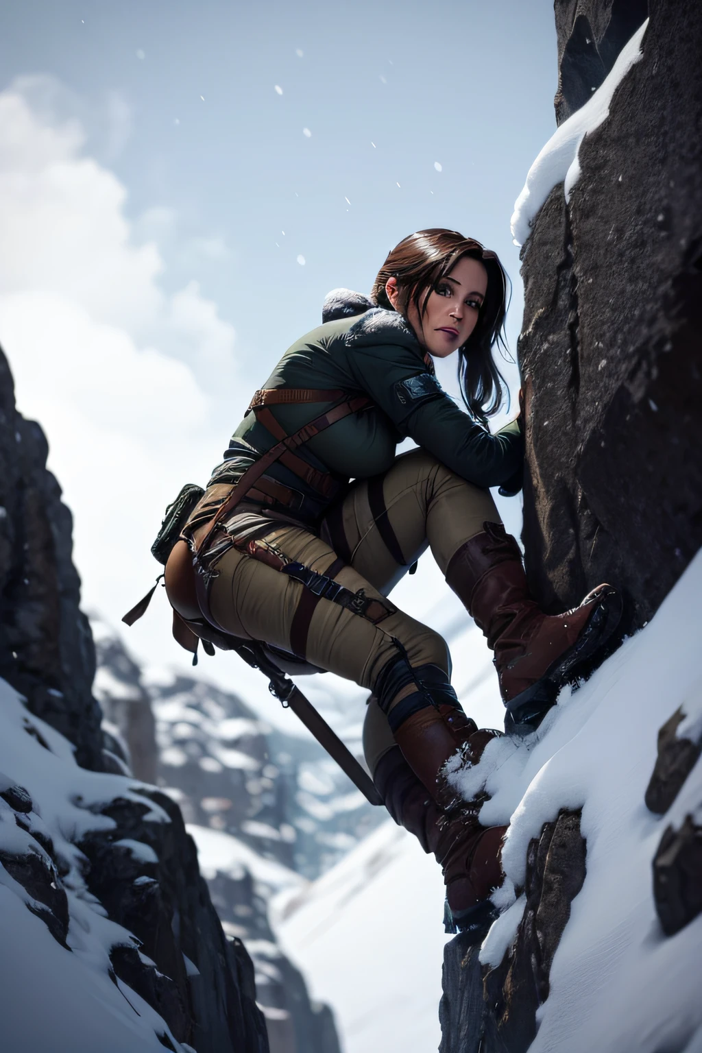 Lara Croft climbing in the snow