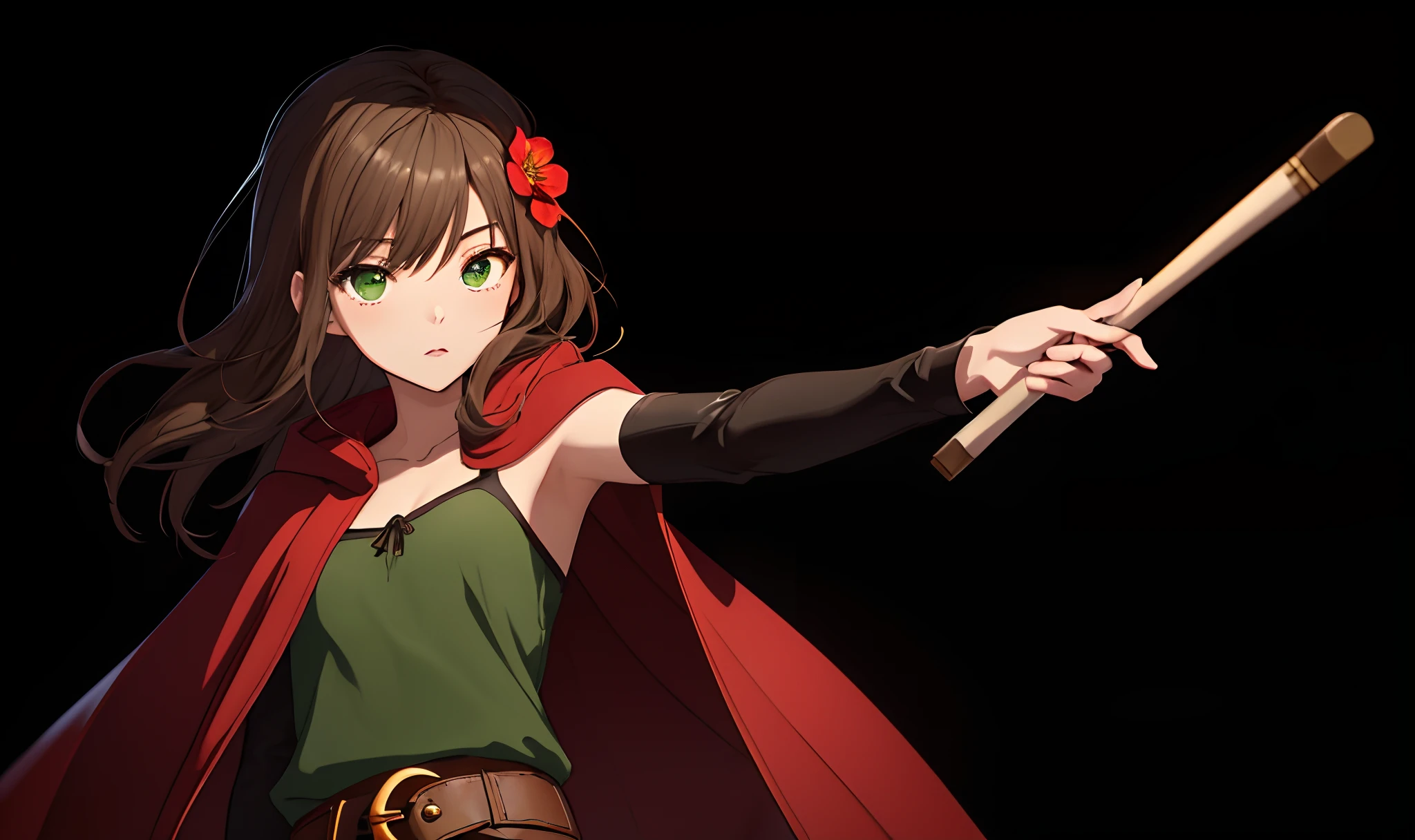((Detailed Oasis Town background:1.5)), ((Fully round eyelids:1.5)), (masutepiece, Best Quality, 8K:1.37), ((s girl, Wear a red cloak, Wearing a red hood, White flower hair ornament, Brown Camisole, Leather shorts, Belt bag, round green eyes, Light brown medium hair:1.4)), 1 girl, Wavy Hair, (Smaller chest) Same as, ((Whistle:1.3)), jrpg character art,Extreme close-up,