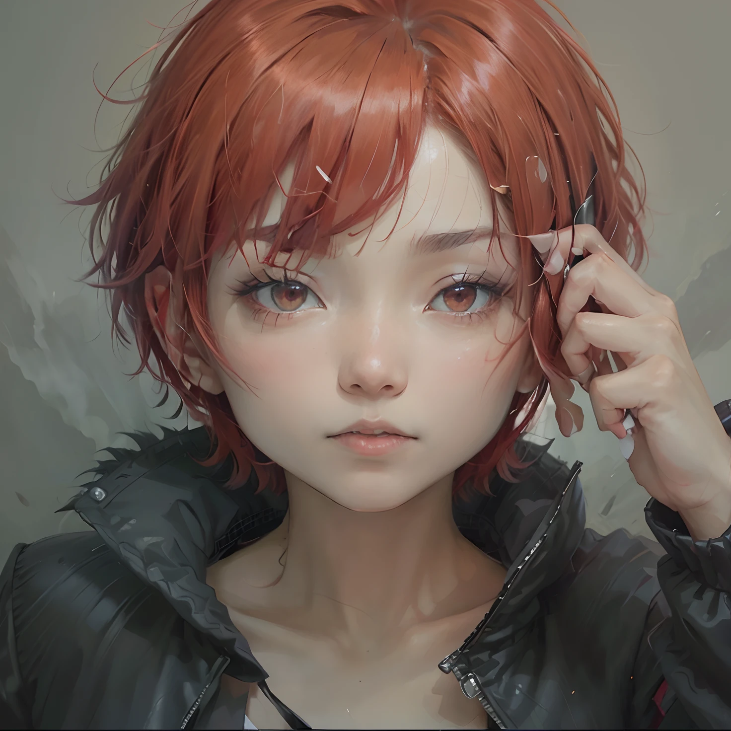 I boy,karma akabane,black jacket,short hair,red hair, ultra detail,realistice,70mm lensa