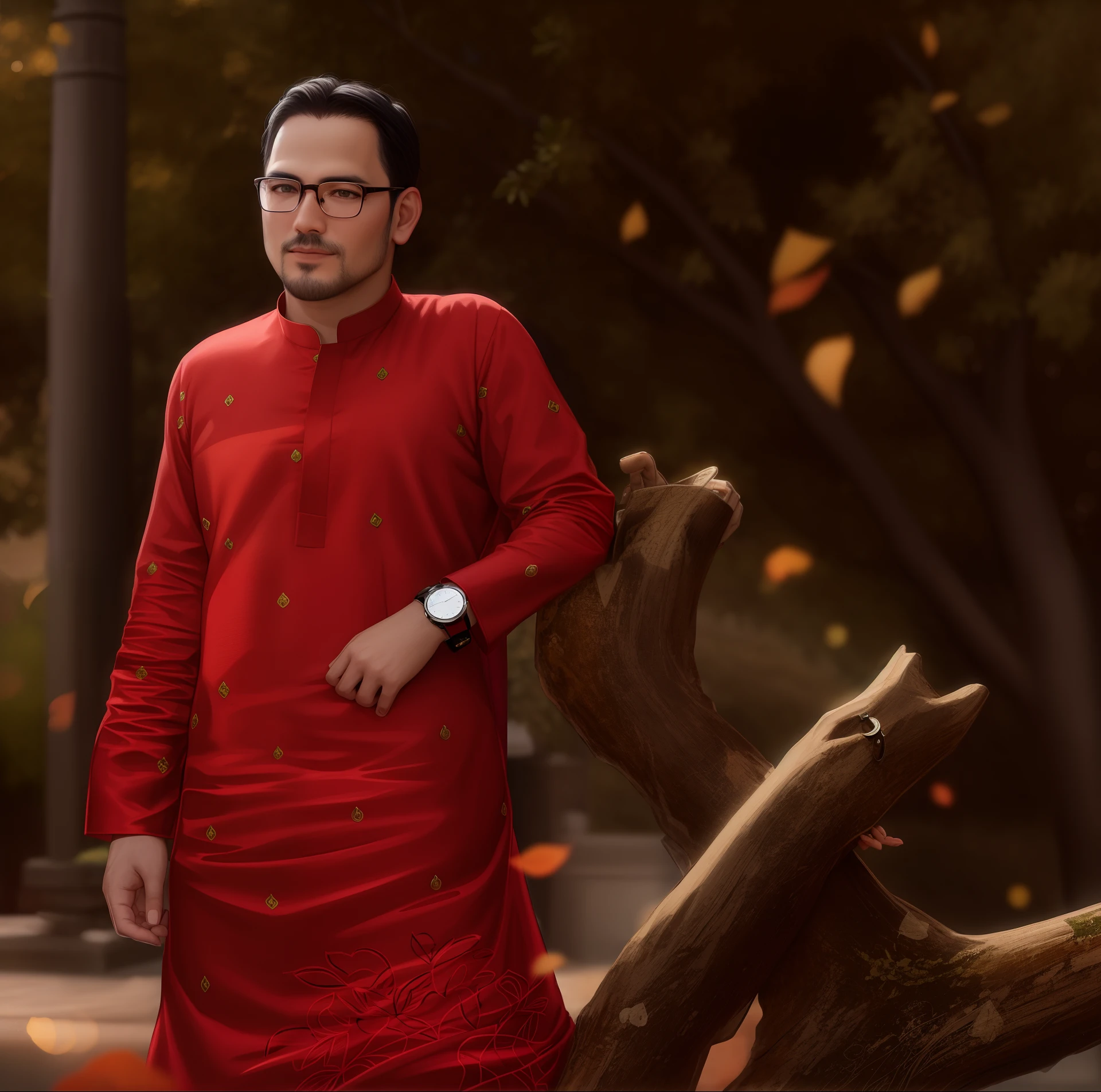 there is a man standing next to a tree with a watch on his wrist, wearing a kurta, wearing a silk kurta, assamese aesthetic, wearing red attire, inspired by Bikash Bhattacharjee, wearing bihu dress mekhela sador, * colour splash *, mohamed chahin style, candid picture, wearing authentic attire, with lovely look, Real face,Ultra realistic, 8k,As like as real