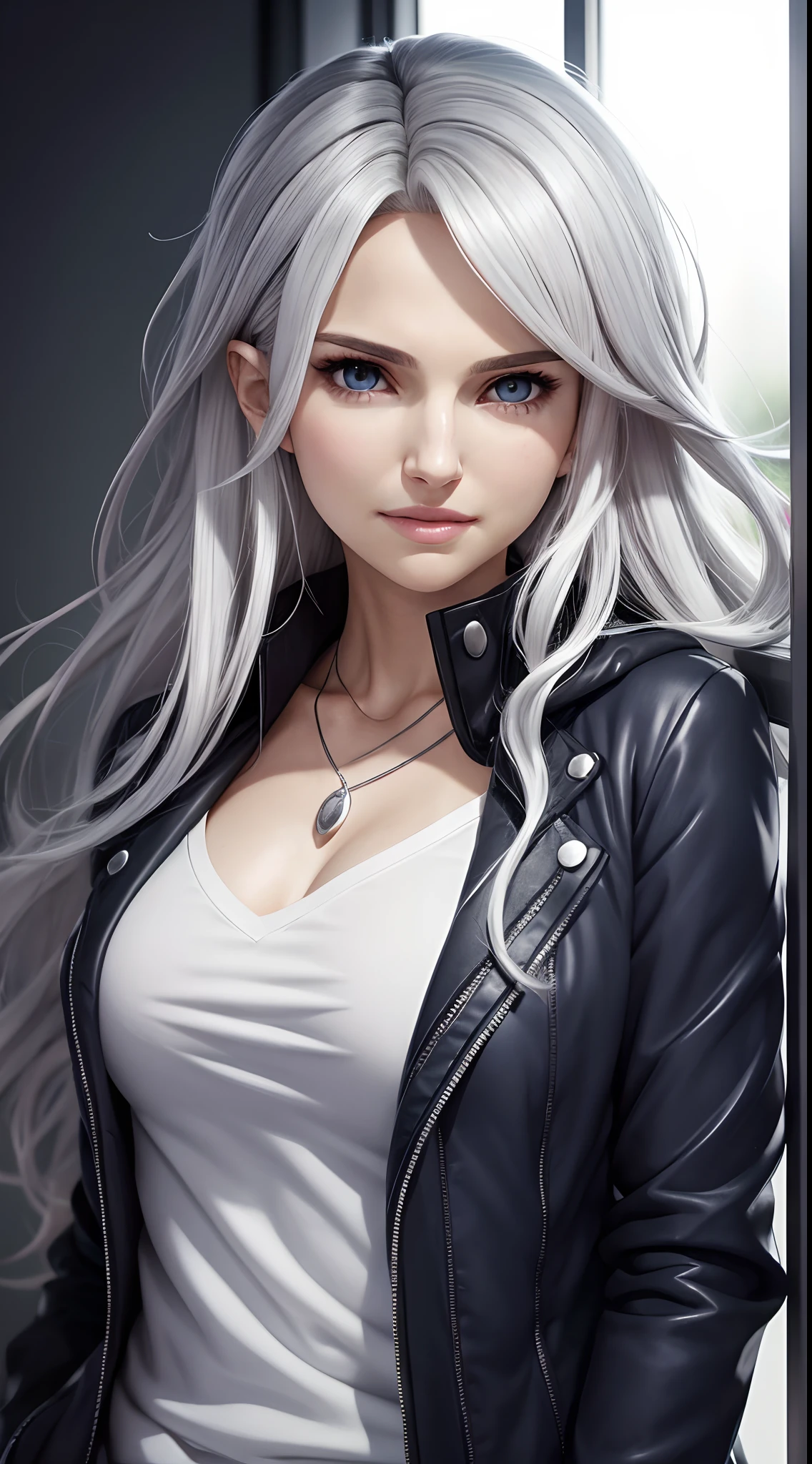 a close up head and shoulders portrait of a person with white hair,natalie portman,centered,fornt view,looking at camera,wonderful eyelids,fine pupils,smiling, inspired by Okumura Togyu, she has dark grey hairs, a silver haired mad,anime girl with blue eyes, inspired by Okumura Masanobu, young anime woman, female anime character, nagito komaeda from danganronpa