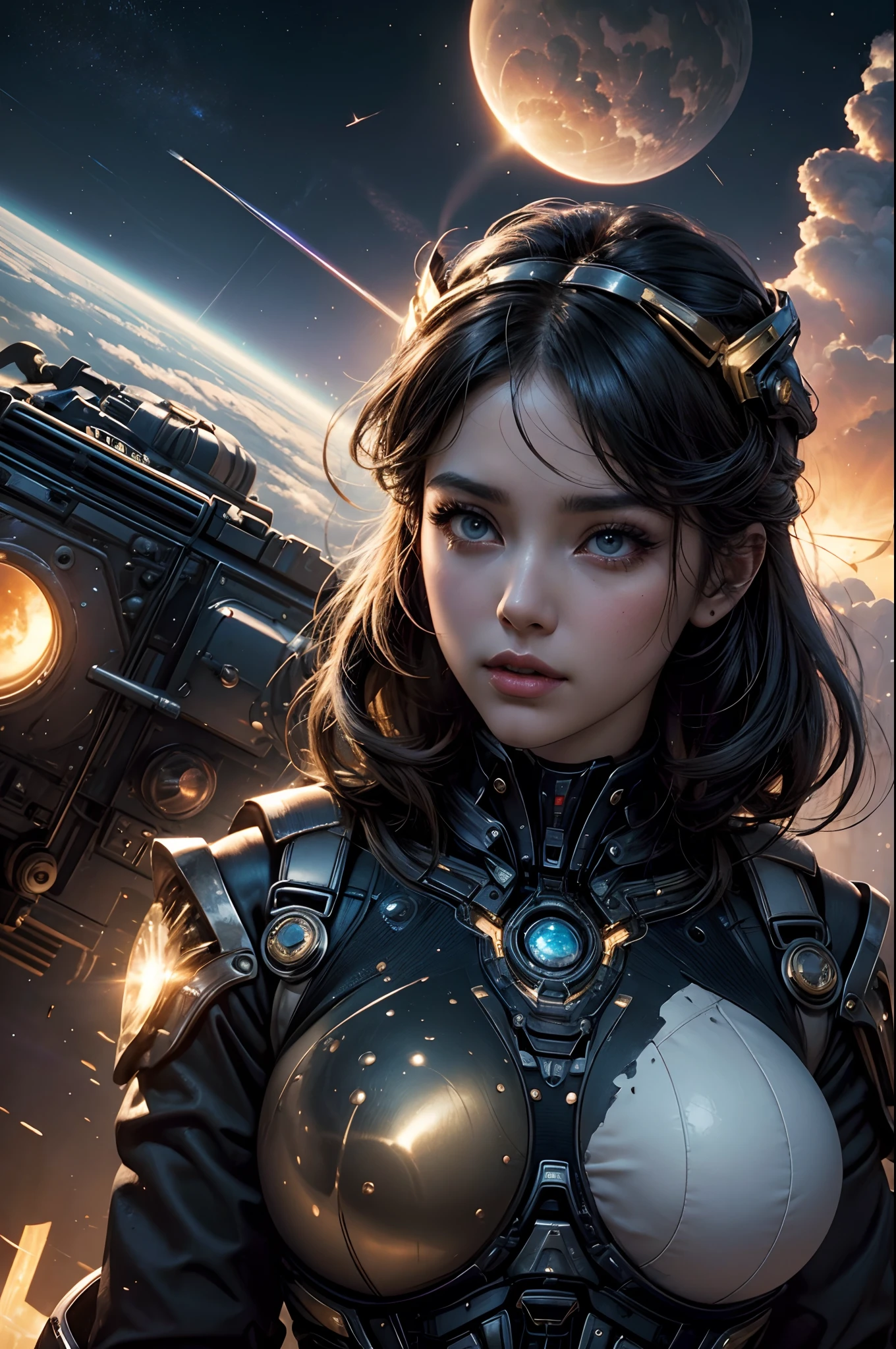 realistic visual effects,attractive beautiful,dramatic contrast,Gentle lighting,Delicate warmth,the soft light,hyper HD, Extremely colorful,best qualityer,perfect female shape,HighDynamicRange,long eyelasher,Unbeatable masterpiece,Snow-whiteskin,putting makeup on, Sexy goddess,Large metal mechanical gears,Strange sky,8K high quality,A pair of big eyes are beautiful and moving,White skin,Makeup,Sexy outfit,Gold this round,Gold Warframe,Spaceship,Mechanical pets, 【Background with】Large gold gear,Doomsday ruins,Giant tornado,The setting sun burns the clouds,Multiple planets,The end of the world,Multiple planets,Space-time tunnel,Space battleships,Mards,,Jupiter,Lightning Thunder, Mercury,Strange sky,Giant tornado,Blue light,salama,Large flying machines,Cool car,Time Tunnel,nuclear power plant,Futuristic car,tornado。
