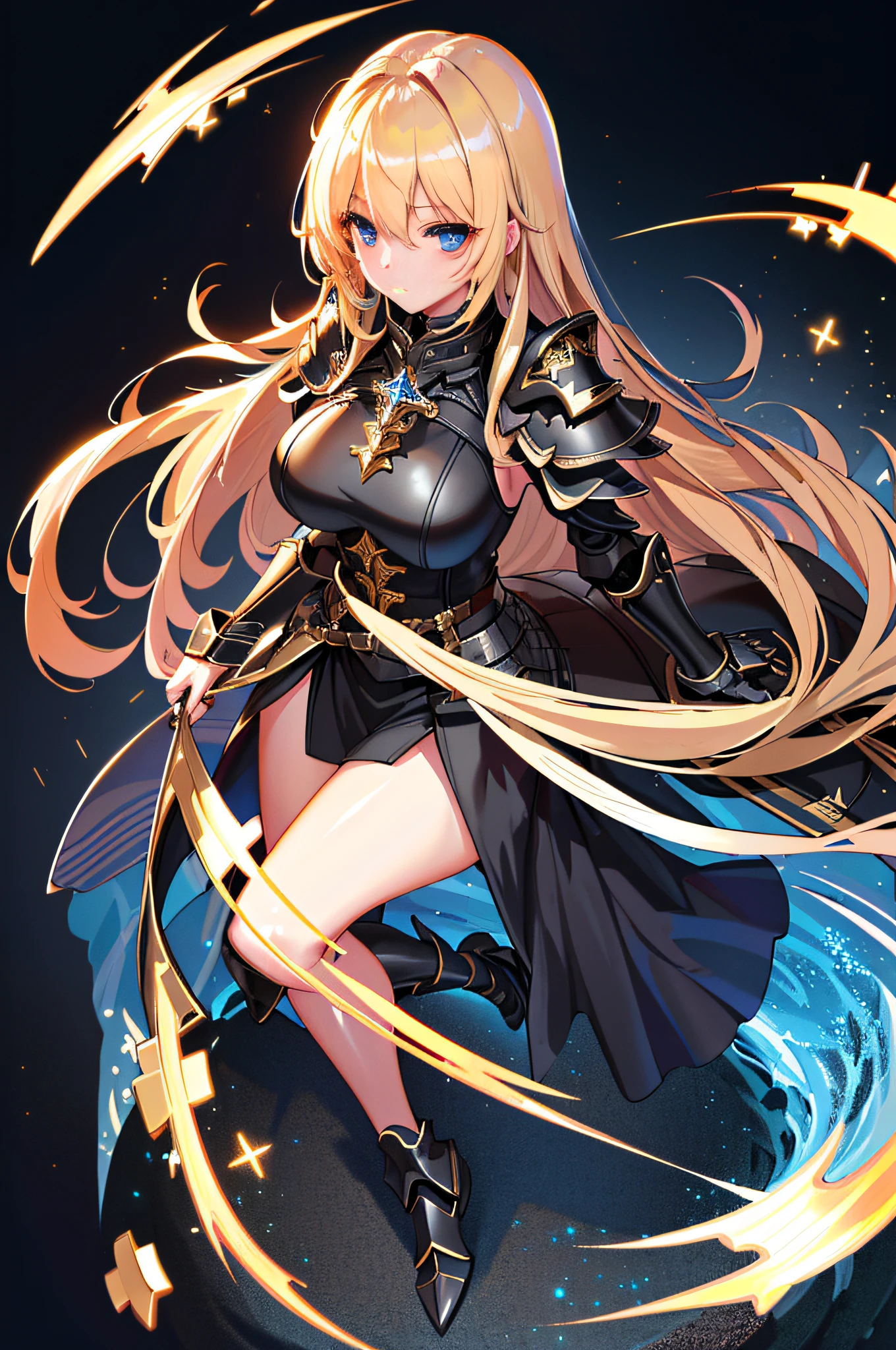 1a person、Unparalleled beauty, Lustrous firm and shiny skin, Bangs between the eyes, Glossy Straight Beautiful Dazzling Golden Platinum Blonde, Super Long Straight Silky Hair, eye line, Sexy beautiful innocent , High definition big beautiful bright blue eyes, Beautiful and nice girl, Baby face, Fjet black armor、full-plate-armor、Beautiful big eyes、 a medieval castle、