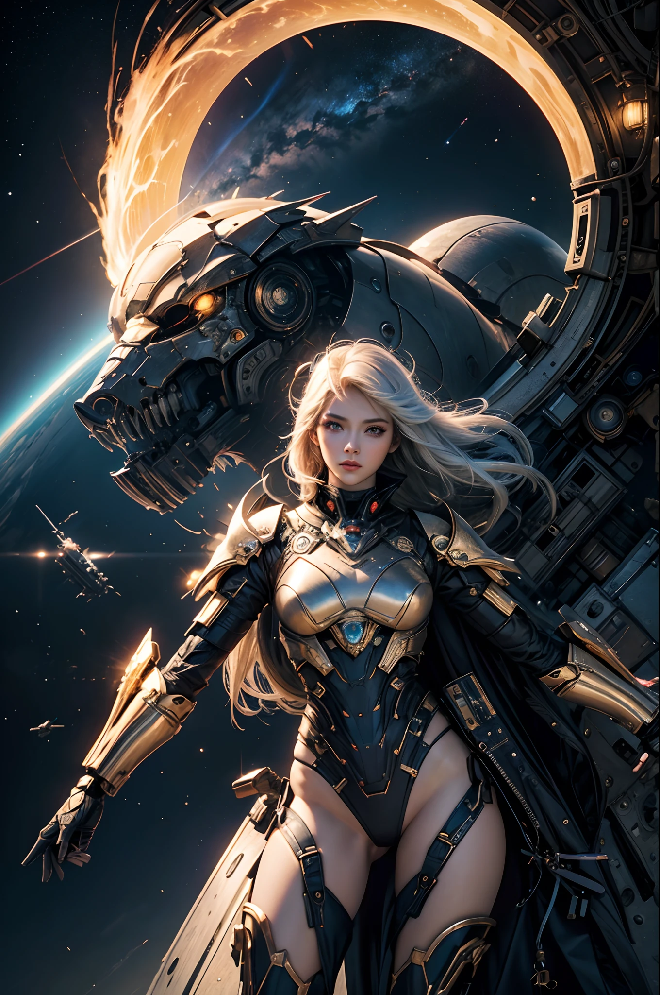 realistic visual effects，attractive beautiful，dramatic contrast，Gentle lighting，Delicate warmth，the soft light，hyper HD， Extremely colorful，best qualityer，perfect female shape，HighDynamicRange，long eyelasher，Unbeatable masterpiece，Snow-whiteskin，putting makeup on， Sexy goddess，Large metal mechanical gears，Strange sky，8K high quality，A pair of big eyes are beautiful and moving，White skin，Makeup，Sexy outfit，Gold this round，Gold Warframe，Spaceship，Mechanical pets， 【Background with】Large gold gear，Doomsday ruins，Giant tornado，The setting sun burns the clouds，Multiple planets，The end of the world，Multiple planets，Space-time tunnel，Space battleships，Mards，，Jupiter，Lightning Thunder， Mercury，Strange sky，Giant tornado，Blue light，salama，Large flying machines，Cool car，Time Tunnel，nuclear power plant，Futuristic car，tornado。