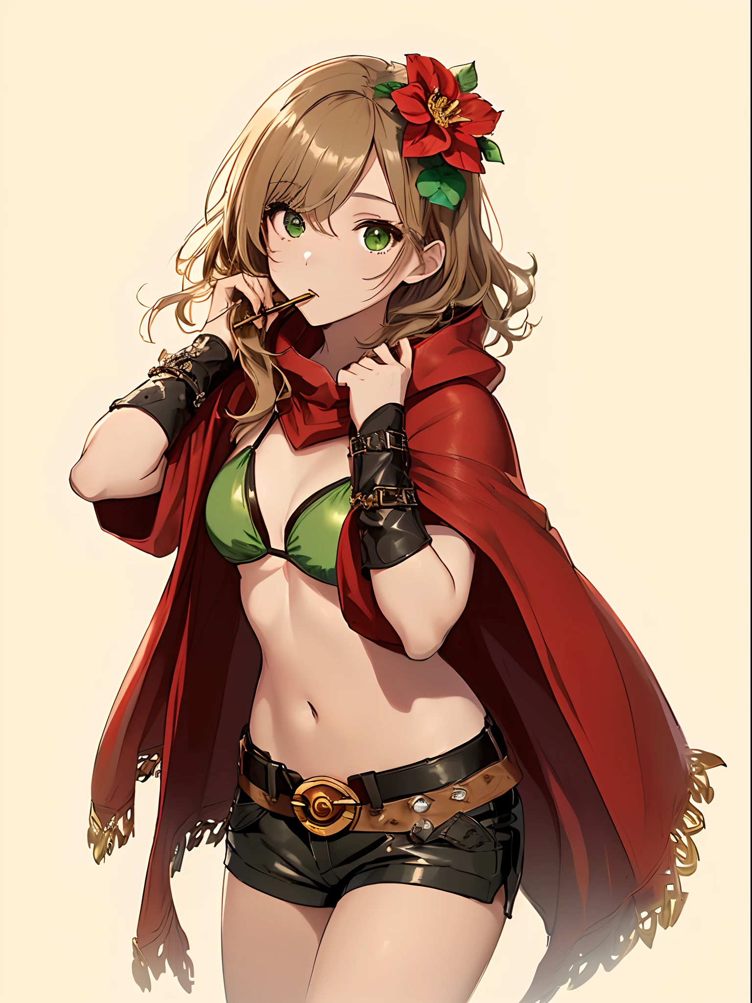 ((Fully round eyelids:1.5)), (masutepiece, Best Quality, 8K:1.37), ((s girl, Wear a red cloak, Wearing a red hood, White flower hair ornament, Green Bikini, Leather shorts, Belt bag, round green eyes, Light brown medium hair:1.4)), ((Follow the Big Red Wolf)), 1 girl, Wavy Hair, (Smaller chest) Same as, ((Have a wooden flute:1.3)), jrpg character art,Extreme close-up, ((The background is Arian's detailed oasis town:1.5))