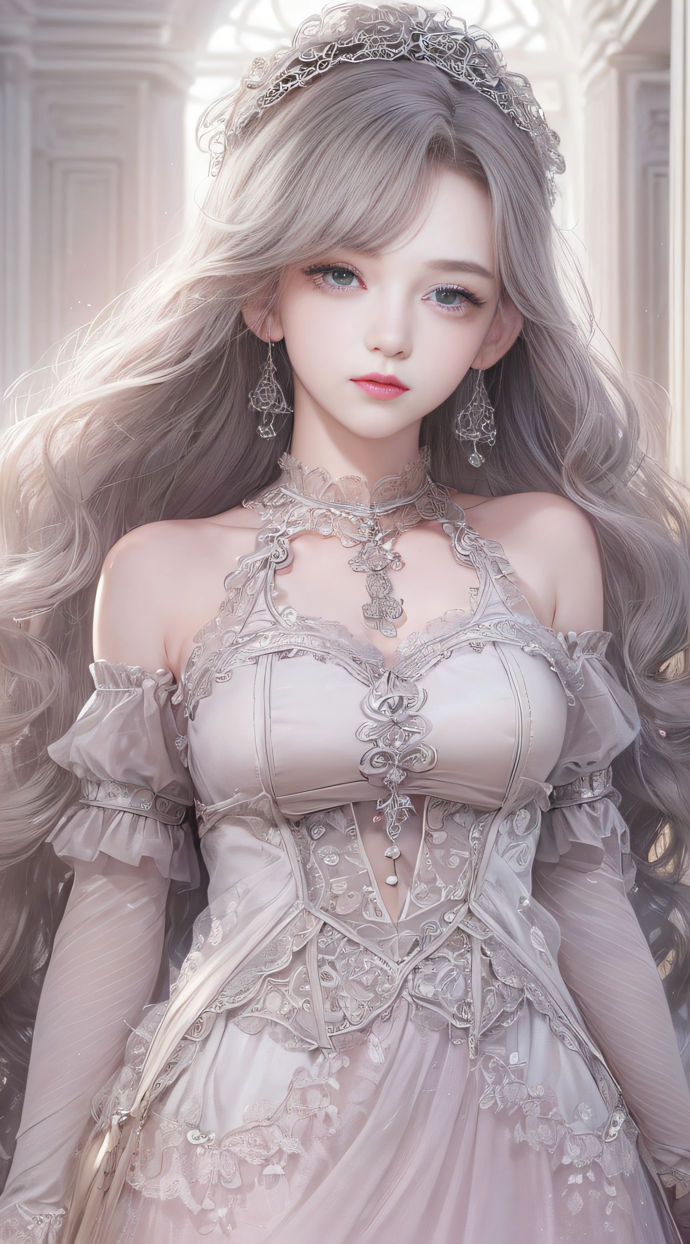 (((Masterpiece, top quality, super detailed))), 1 female, , accurate anatomy (beautiful grey eyes, very large slitted eyes, delicate, lonely, beautiful eyes, jewel-like eyes, shining eyes, very long eyelashes, thin nose, small mouth, thin lips, slightly long neck, slightly thin shoulders, slightly thin arms, slightly thin legs), accurate pose (looking at us), accurate Make-up (natural, natural make-up, light brown eyeshadow, light pink blush, light pink lipstick), accurate skin (very clear white, perfectly smooth), accurate hair (bright, clean silver hair, long hair curled vertically), accurate costume (black dress with frills and lace, Gothic taste, Rococo taste), exact lighting (dim low light, oblique light) photographic equipment (SLR, single focus lens), settings (f/1.8, S400, ISO 100), exact background (black), exact full body shot, very high quality picture,
