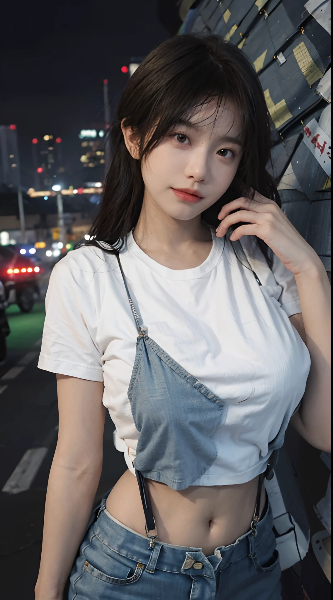 best qualtiy,tmasterpiece,超高分辨率,(realisticlying:1.4),full bodyesbian, Long legs, Focalors:1.2, perfect figure beautiful woman:1.4, Slim abs:1.1, ((Dark brown hair, huge tit:1.2 )), (white tight t-shirt, Denim suspenders, standing on your feet:1.2), ((city night scene, the roof:1.3)), Highly detailed facial and skin texture, A detailed eye, 二重まぶた