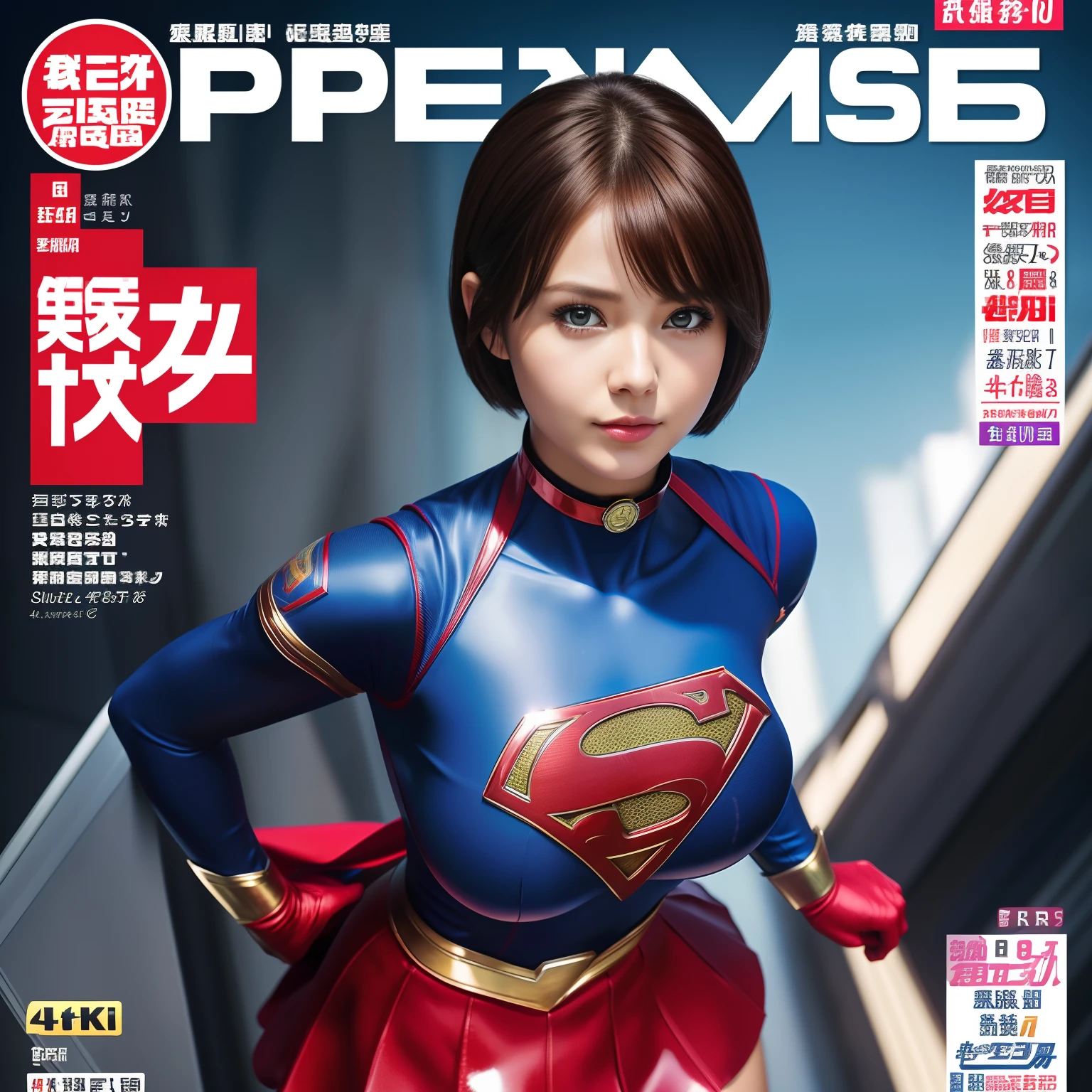 (Best Quality,4K,8K,hight resolution,masutepiece:1.2),Ultra-detailed,Realistic:1.37,Super masterpiece,Short-haired Supergirl、large full breasts、Looking at the camera、Glossy costume、a choker、Too short miniskirt、Weekly magazine cover、Powerful Pose、
