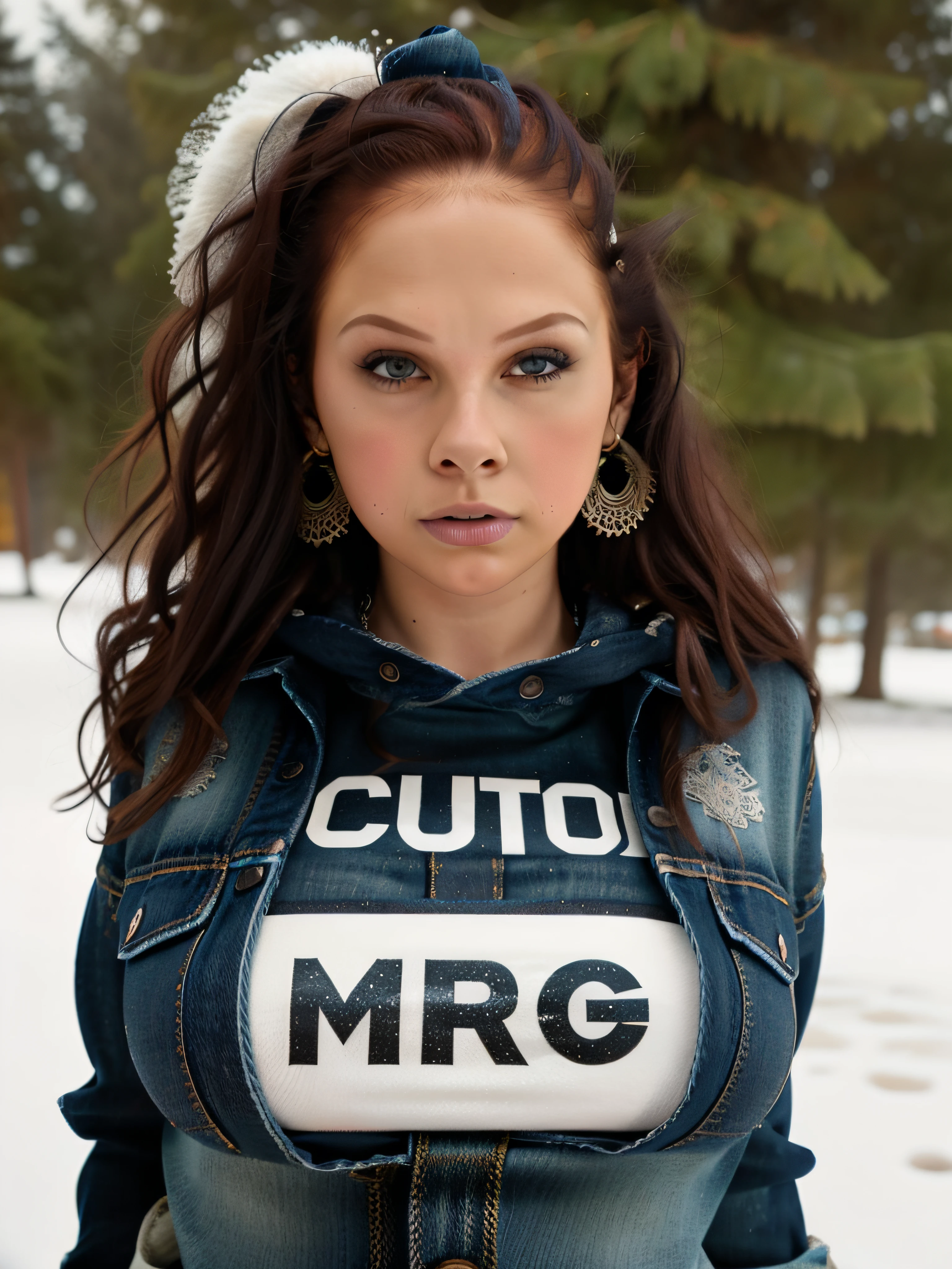 Gianna2, ++(close up portrait),big wild hair, shirt, jeans pants, snow, big breast,   detailed eyes, full body, photography, trending on artstation, sharp focus, studio photo, intricate details, highly detailed, by greg rutkowski