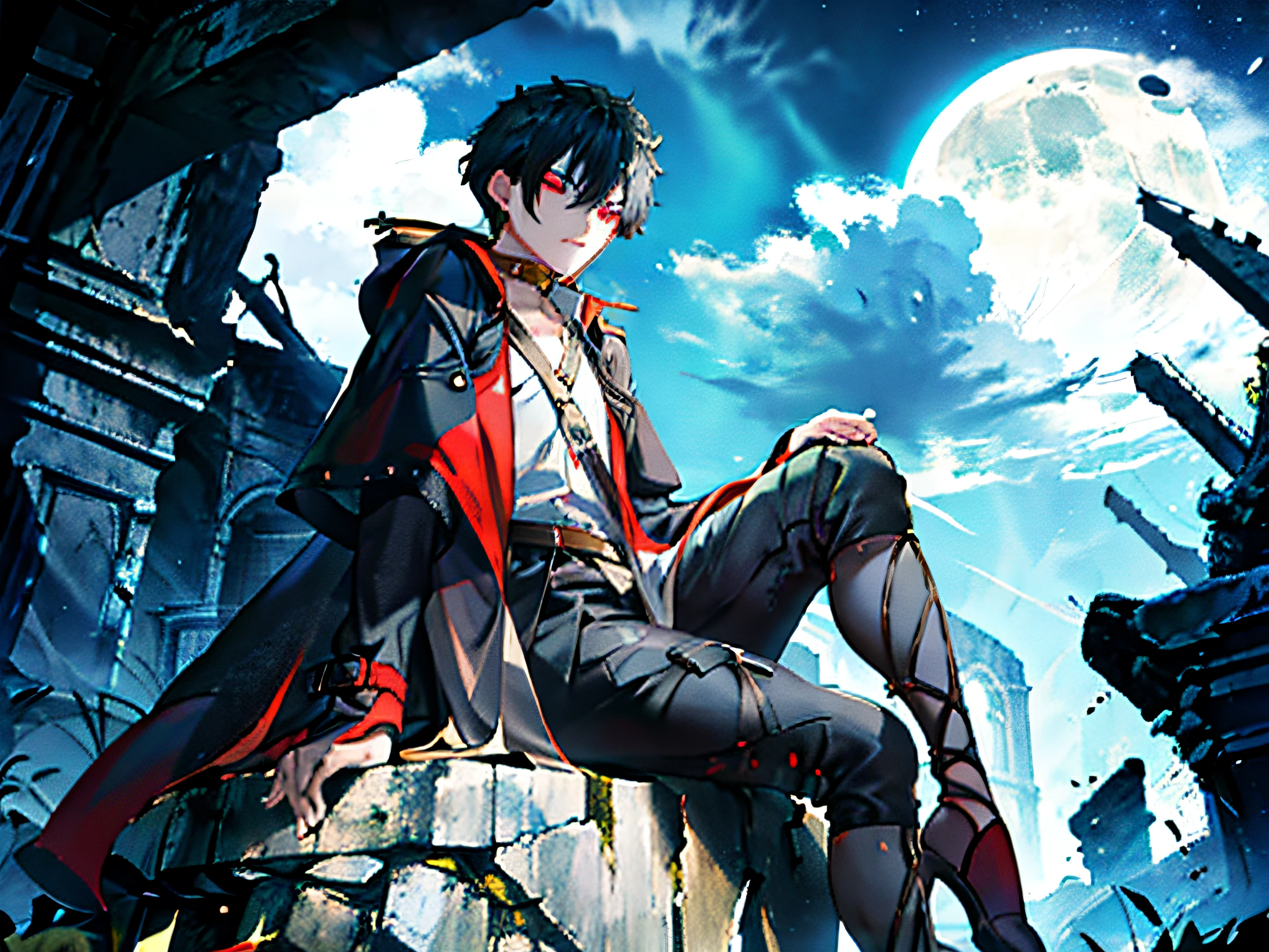 young man, black hair, red eyes, trench coat, sitting on remains of a ruin, night, full moon