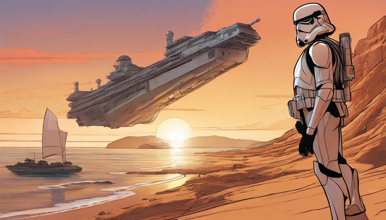close-up, one man, Imperial Stormtrooper, coming down the gangway, near the ship, ship in the background, planet Tatooine, concept art by Magalie Villeneuve, trending on cg society, antipodeans, reimagined by industrial light and magic, filmstill ""Star Wars"": The Old Republic", concept art by Ralph McQuarrie