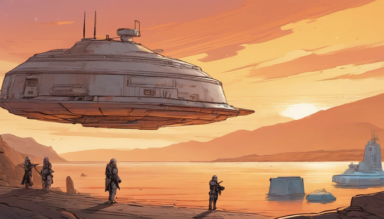 close-up, one man, Imperial Stormtrooper, coming down the gangway, near the ship, ship in the background, planet Tatooine, concept art by Magalie Villeneuve, trending on cg society, antipodeans, reimagined by industrial light and magic, filmstill ""Star Wars"": The Old Republic", concept art by Ralph McQuarrie