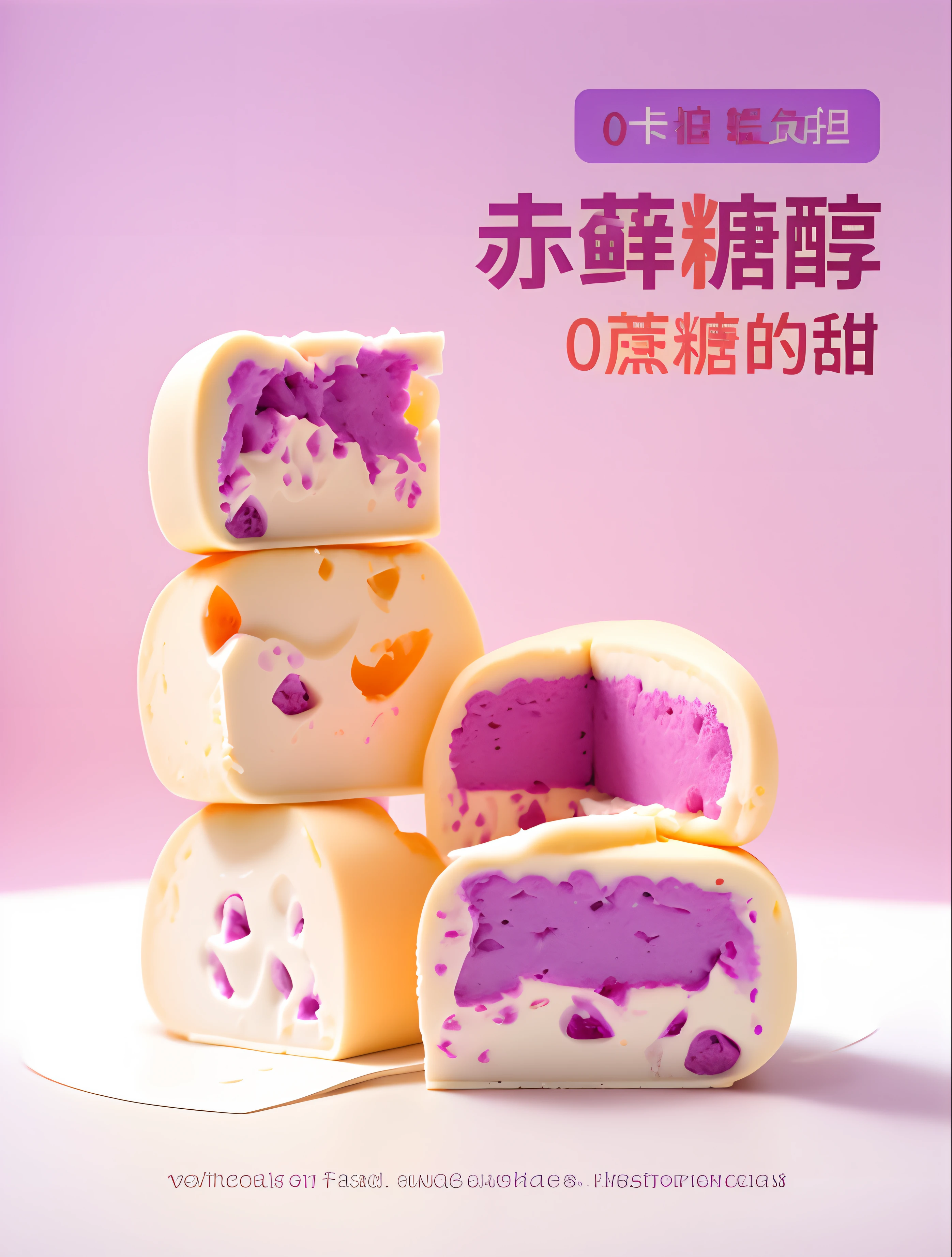 There are three purple desserts stacked on top of each other,Bite open,There is invagination inside the bite cross-section,White cheese