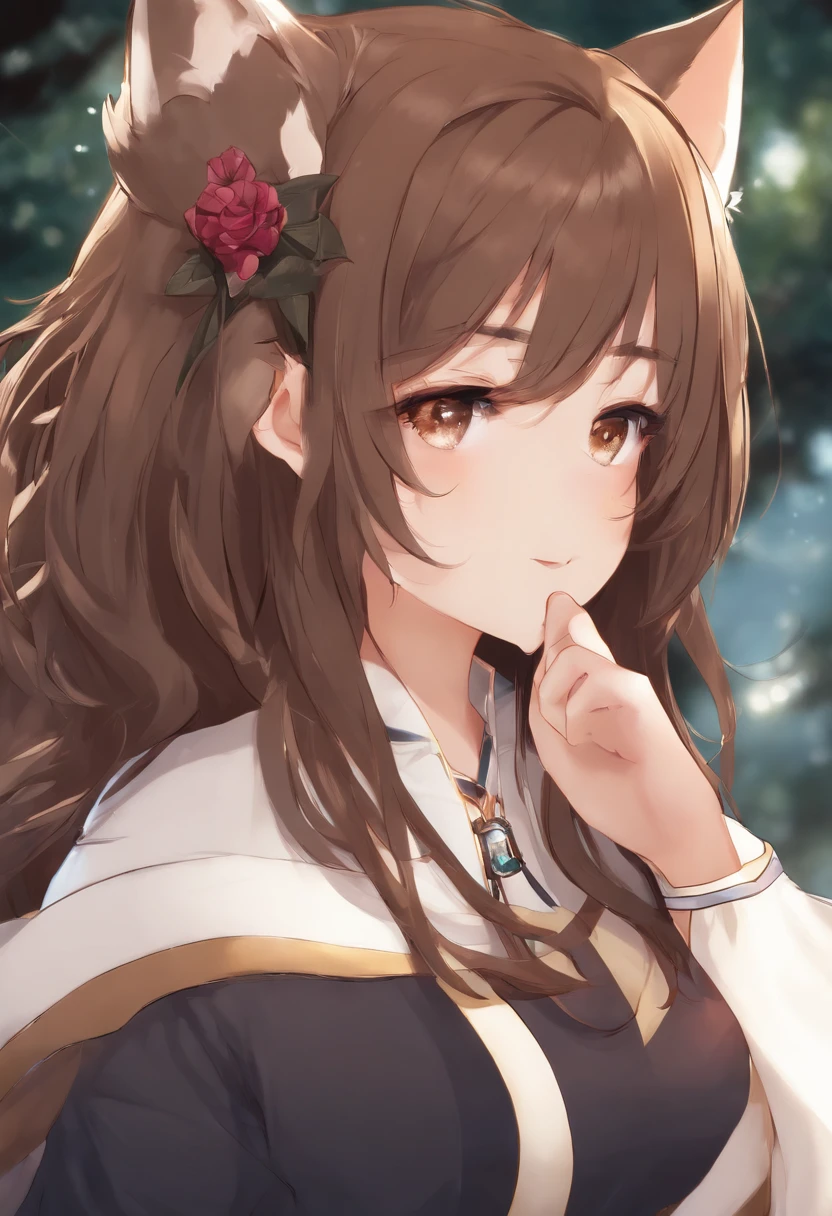 (best quality), 1girl, :D, confused, head tilt, inugami korone, brown hair, dog ears