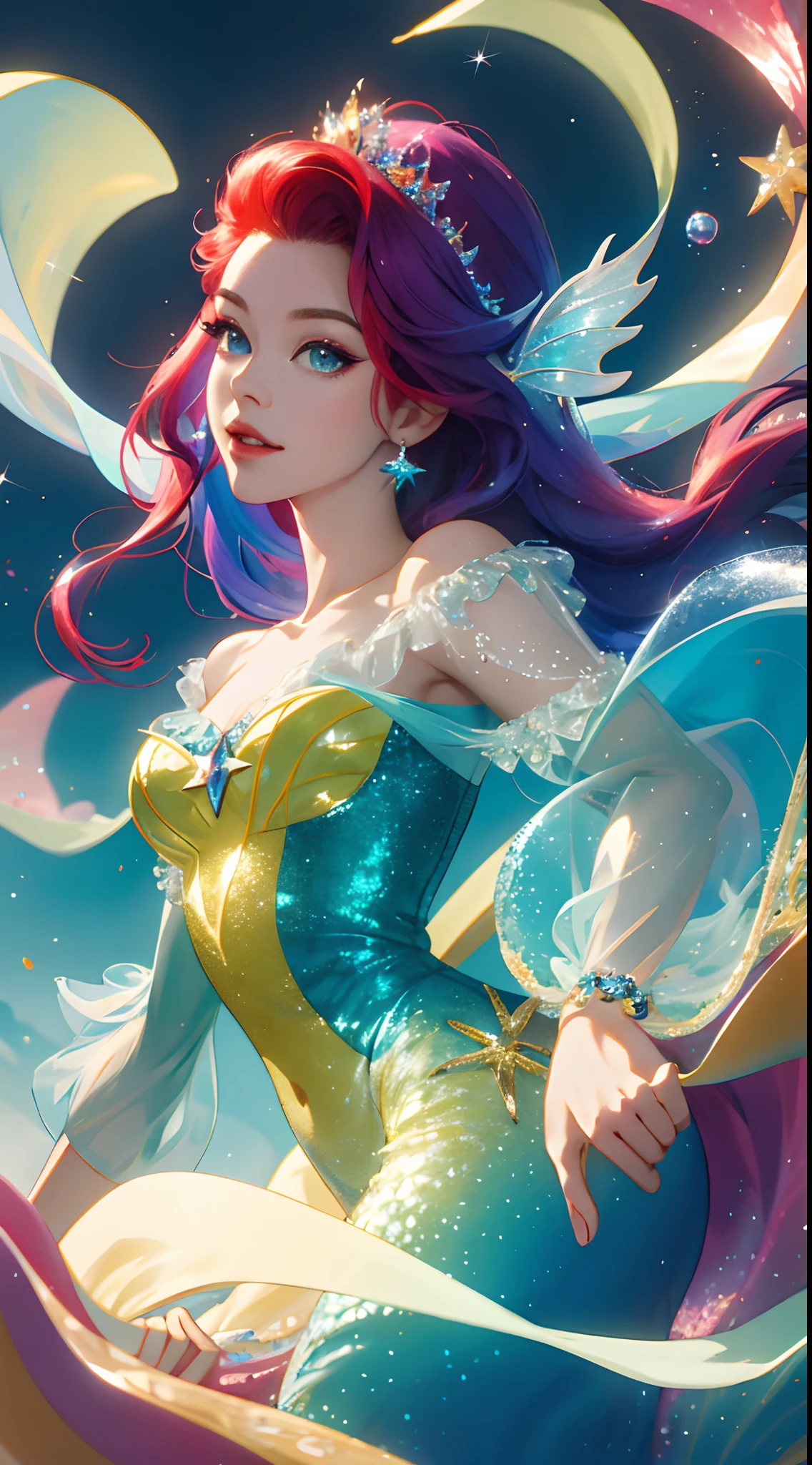 Disney,princess ariel,Cute little mermaid,beautiful face,fanciful,rich colourful,Fashionab,复杂,Twinkle dazzlingly,glittery,dynamic angle,High sensitivity,tmasterpiece,8k wallpaper,Best quality,perfect surrealcomposition,glittery,Beautiful 3D rendering,Delicate details,Hyper-Resolution,accuracy,detail render,(highest quality)(Master masterpieces)(High degree of completion)(a sense of atmosphere)tmasterpiece,ultra - detailed (half-body portrait)