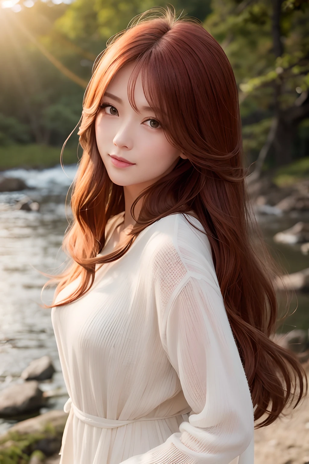Top image quality、in 8K、One lady、Beautuful Women、Extraordinary beauty、length hair、natural soft light、The background is Mt. Fuji、redhair、long eyes、the morning sun、depth of fields、blue open sky、A smile、smile