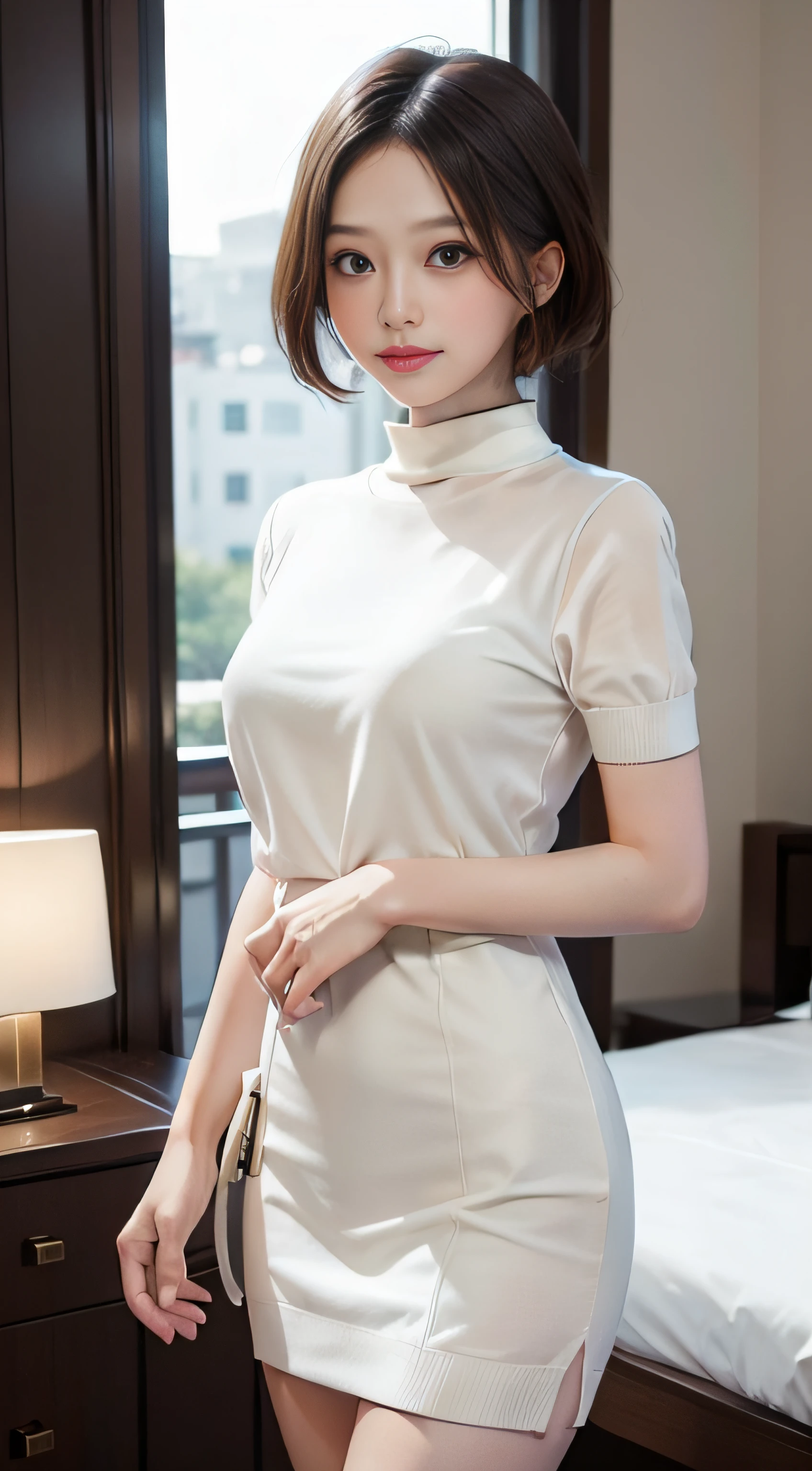 ​masterpiece、Top image quality:1.2、((beautiful young woman with))、Transparent skin:1.2、{A slight smil}、(kawaii)、Short sleeve knit、luxury hotel、depth of fields