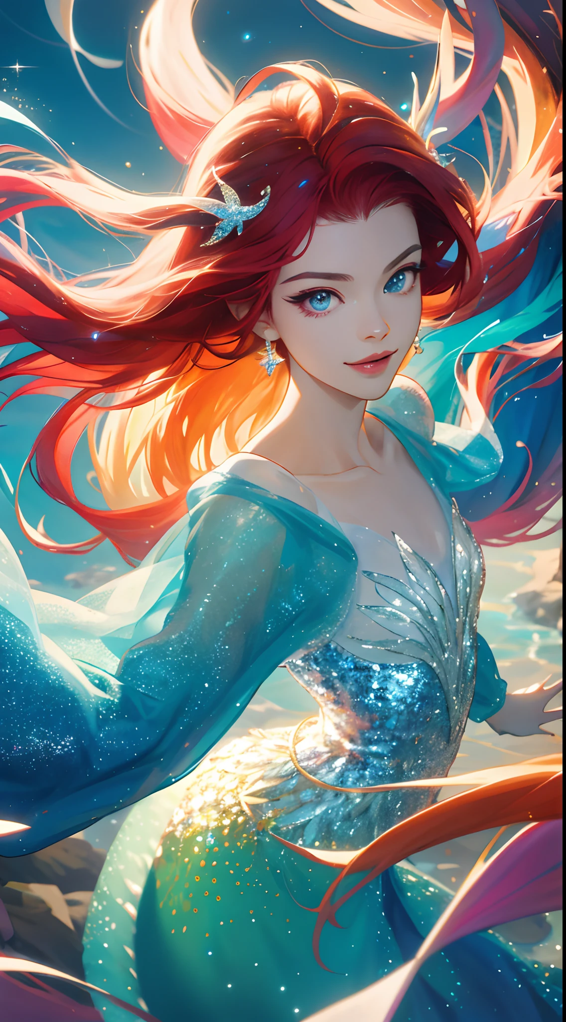 Disney，princess ariel，Cute little mermaid，beautiful  face，fanciful，rich colourful，Fashionab，复杂，Twinkle dazzlingly，glittery，dynamic angle，High sensitivity，tmasterpiece，8k wallpaper，Best quality，perfect surrealcomposition，glittery，Beautiful 3D rendering，Delicate details，Hyper-Resolution，accuracy，detail render，（highest  quality）（Master masterpieces）（High degree of completion）（a sense of atmosphere）tmasterpiece，ultra - detailed （half-body portrait）