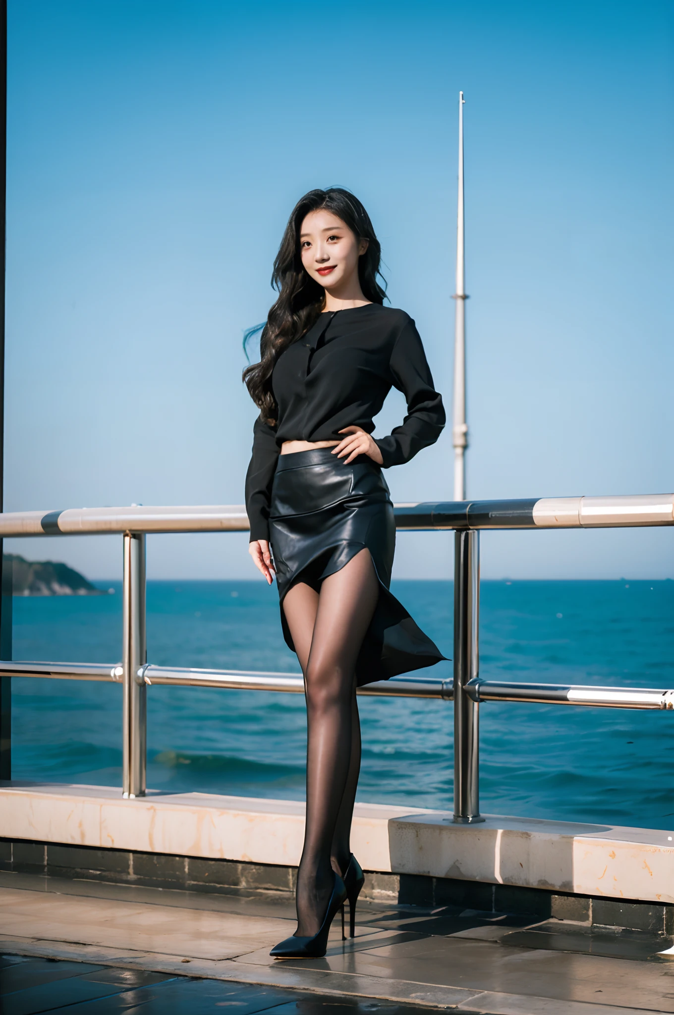 Best quality,Masterpiece,超高分辨率,(Realisticity:1.4),Original photo,Cinematic lighting,
1girll,Smile,Ocean,Pantyhose，Stiletto heels，Leather skirt，huge tit，largeeyes，standing on your feet，Have by the sea，Tight silk long sleeves