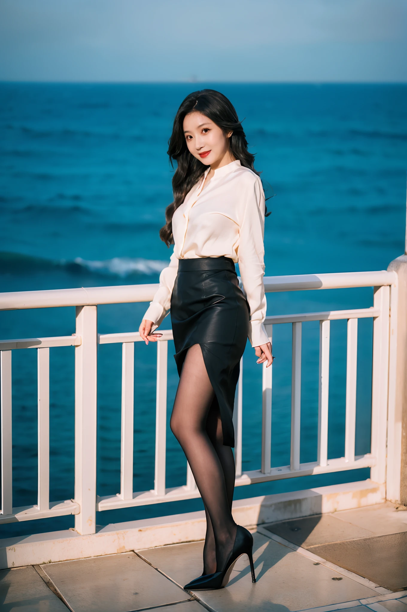 Best quality,Masterpiece,超高分辨率,(Realisticity:1.4),Original photo,Cinematic lighting,
1girll,Smile,Ocean,Pantyhose，Stiletto heels，Leather skirt，huge tit，largeeyes，standing on your feet，Have by the sea，Tight silk long sleeves