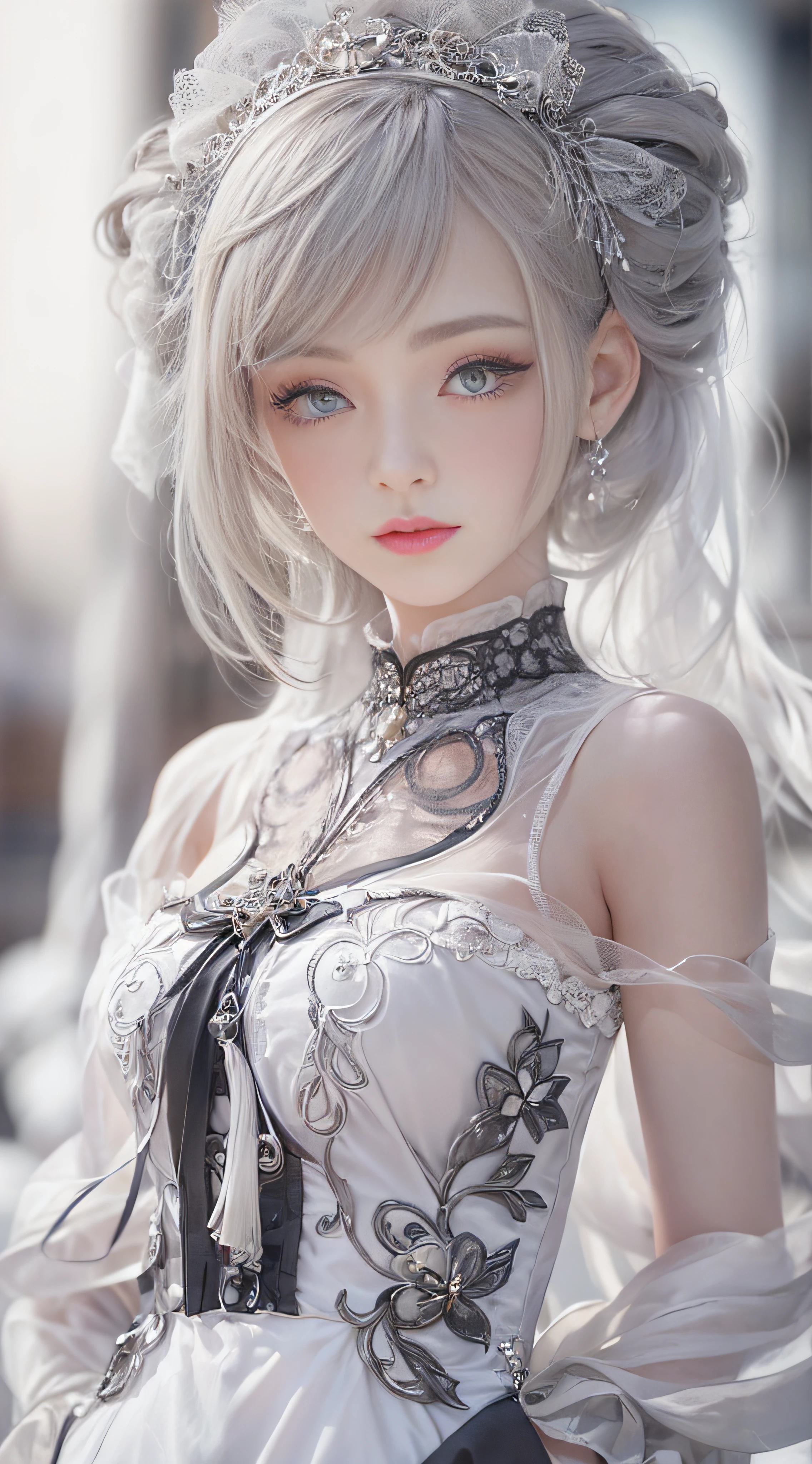 (((Masterpiece, top quality, super detailed))), 1 female, , (((Very very Slender body))), accurate anatomy (beautiful grey eyes, very large slitted eyes, delicate, lonely, beautiful eyes, jewel-like eyes, shining eyes, very long eyelashes, thin nose, small mouth, thin lips, slightly long neck, slightly thin shoulders, slightly thin arms, slightly thin legs), accurate pose (looking at us), accurate Make-up (natural, natural make-up, light brown eyeshadow, light pink blush, light pink lipstick), accurate skin (very clear white, perfectly smooth), accurate hair (bright, clean silver hair, long hair curled vertically), accurate costume (black dress with frills and lace, Gothic taste, Rococo taste), exact lighting (dim low light, oblique light) photographic equipment (SLR, single focus lens), settings (f/1.8, S400, ISO 100), exact background (black), exact full body shot, very high quality picture,