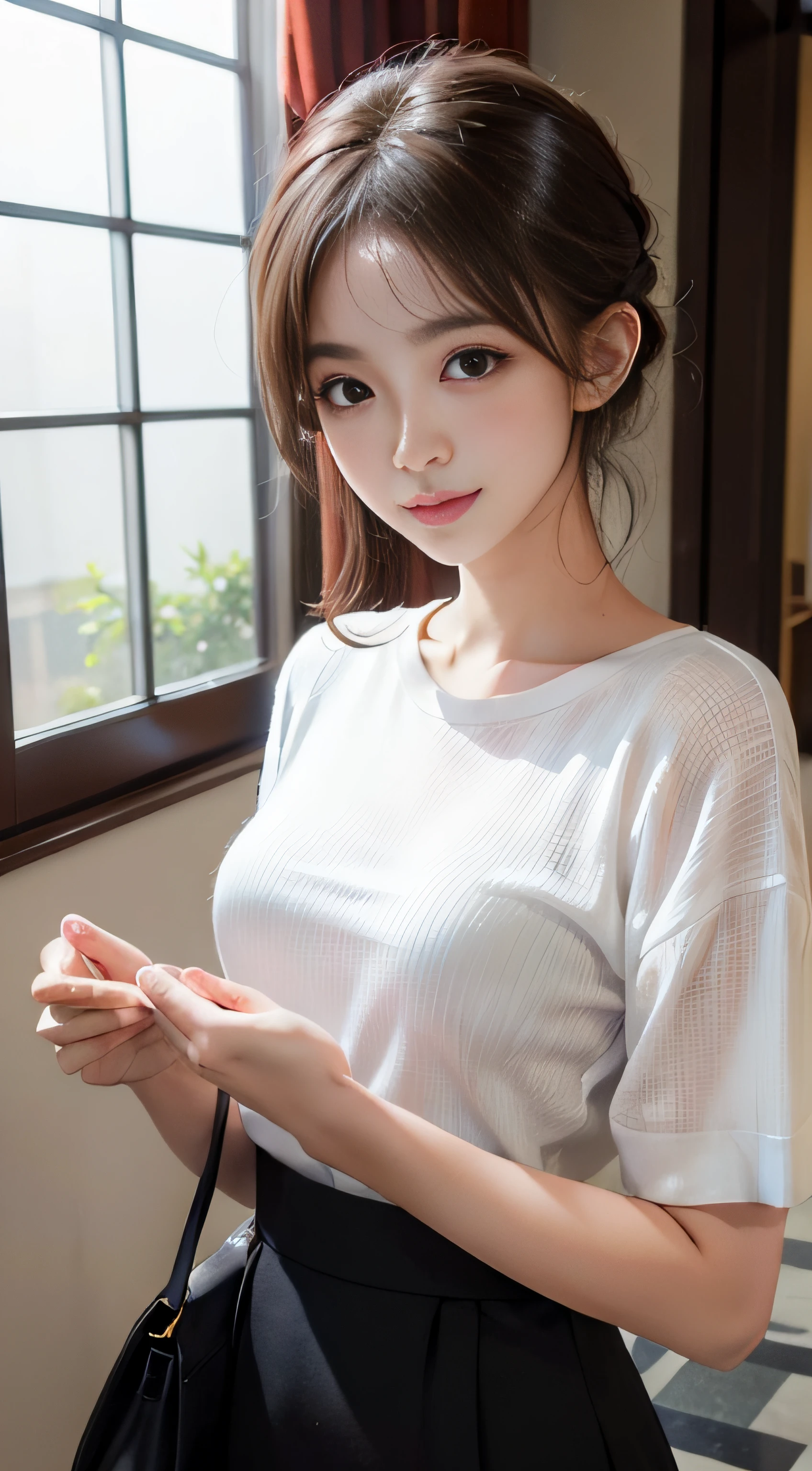 ​masterpiece、Top image quality:1.2、((beautiful young woman with))、Transparent skin:1.2、{A slight smil}、(kawaii)、Short sleeve knit、luxury hotel、depth of fields