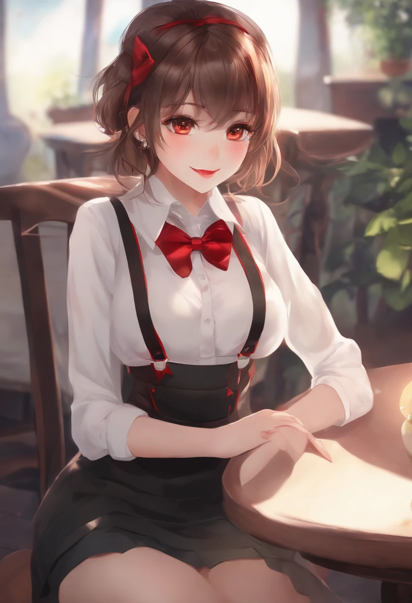 1girl, solo, small breasts, suspender skirt, white shirt, red bowtie, happy