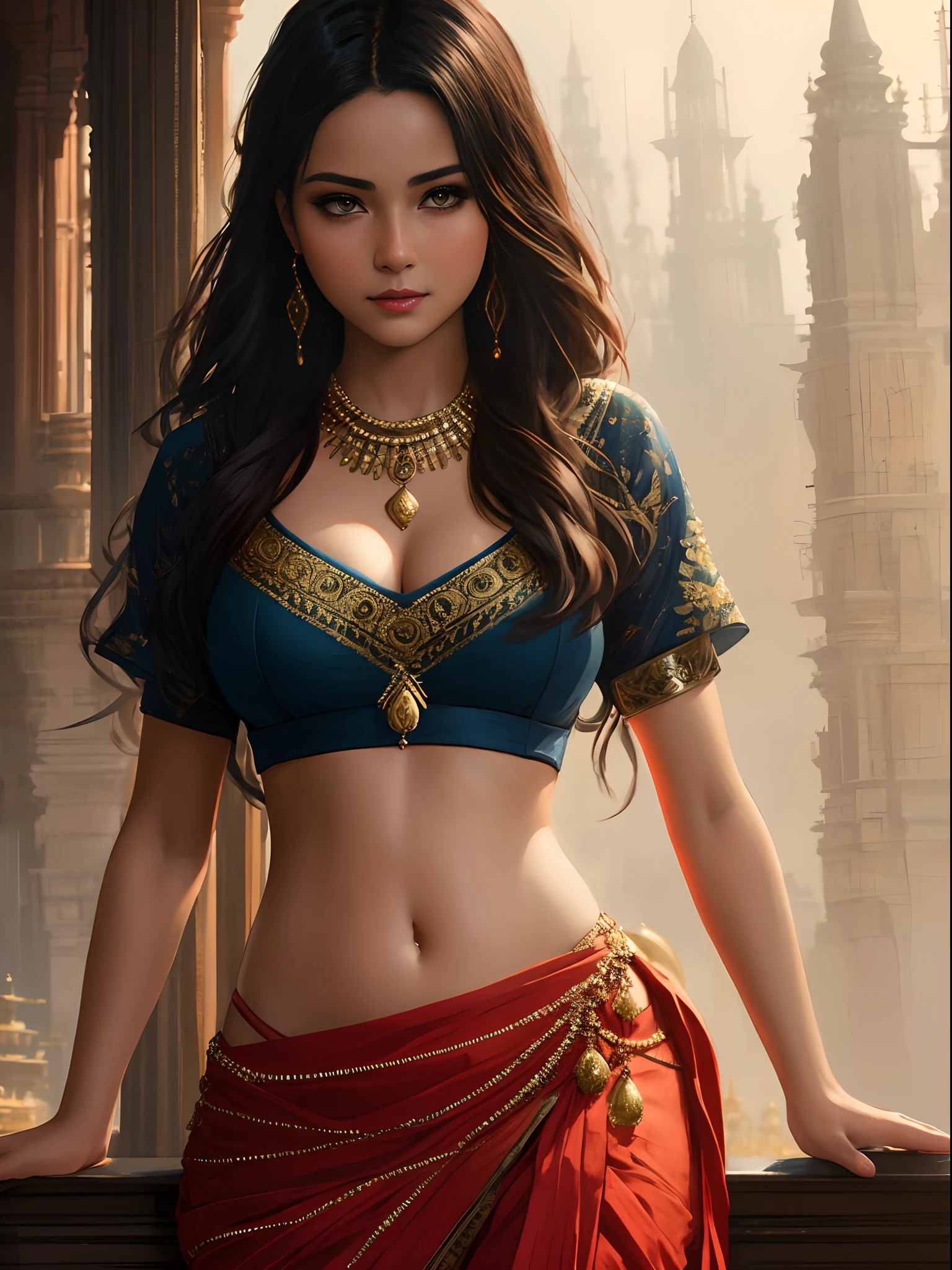 modelshoot style, (extremely detailed CG unity 8k wallpaper), full shot body photo of the most beautiful artwork in the world, stunningly beautiful photo realistic cute women in saree (navel:1.5), professional majestic oil painting by Ed Blinkey, Atey Ghailan, Studio Ghibli, by Jeremy Mann, Greg Manchess, Antonio Moro, trending on ArtStation, trending on CGSociety, Intricate, High Detail, Sharp focus, dramatic, photorealistic painting art by midjourney and greg rutkowski