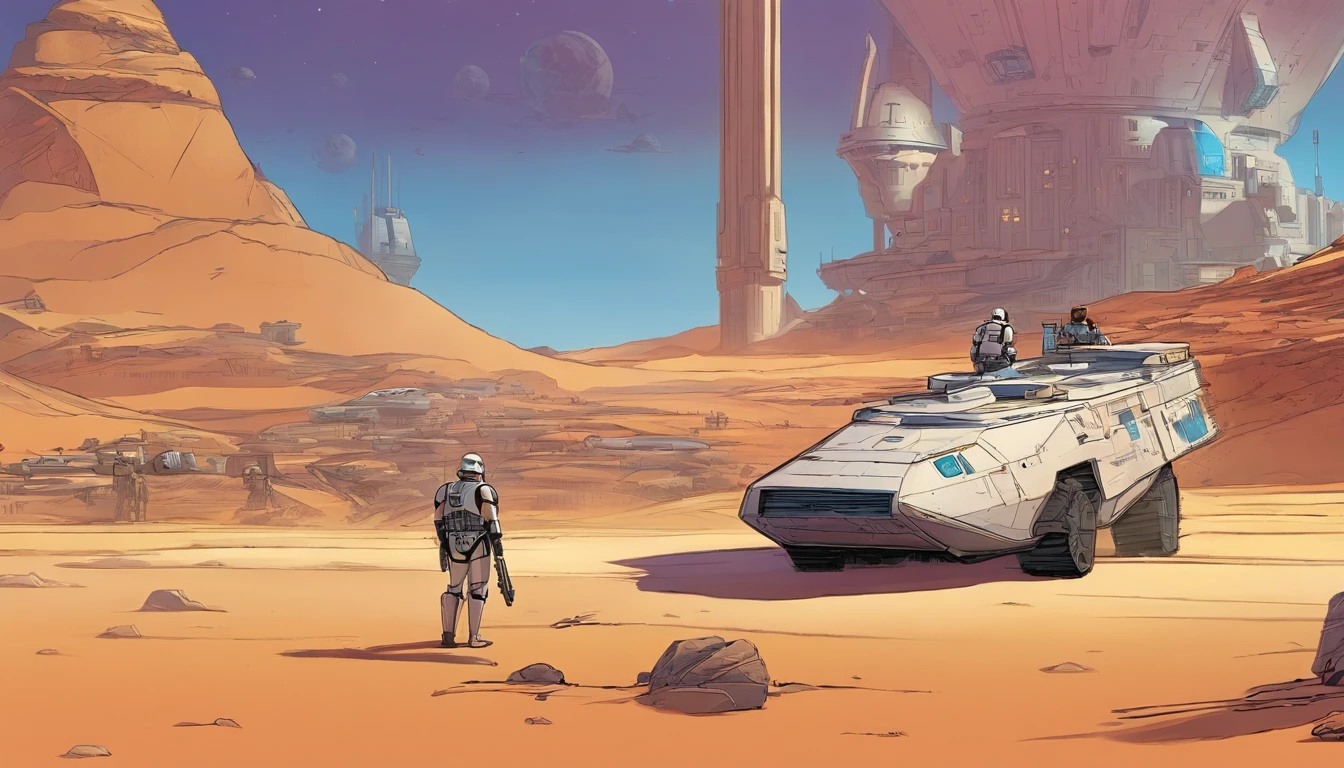 close-up, two man, Imperial Stormtrooper, near the ship, ship in the background, planet Tatooine, concept art by Magalie Villeneuve, trending on cg society, antipodeans, reimagined by industrial light and magic, filmstill ""Star Wars"": The Old Republic", concept art by Ralph McQuarrie
