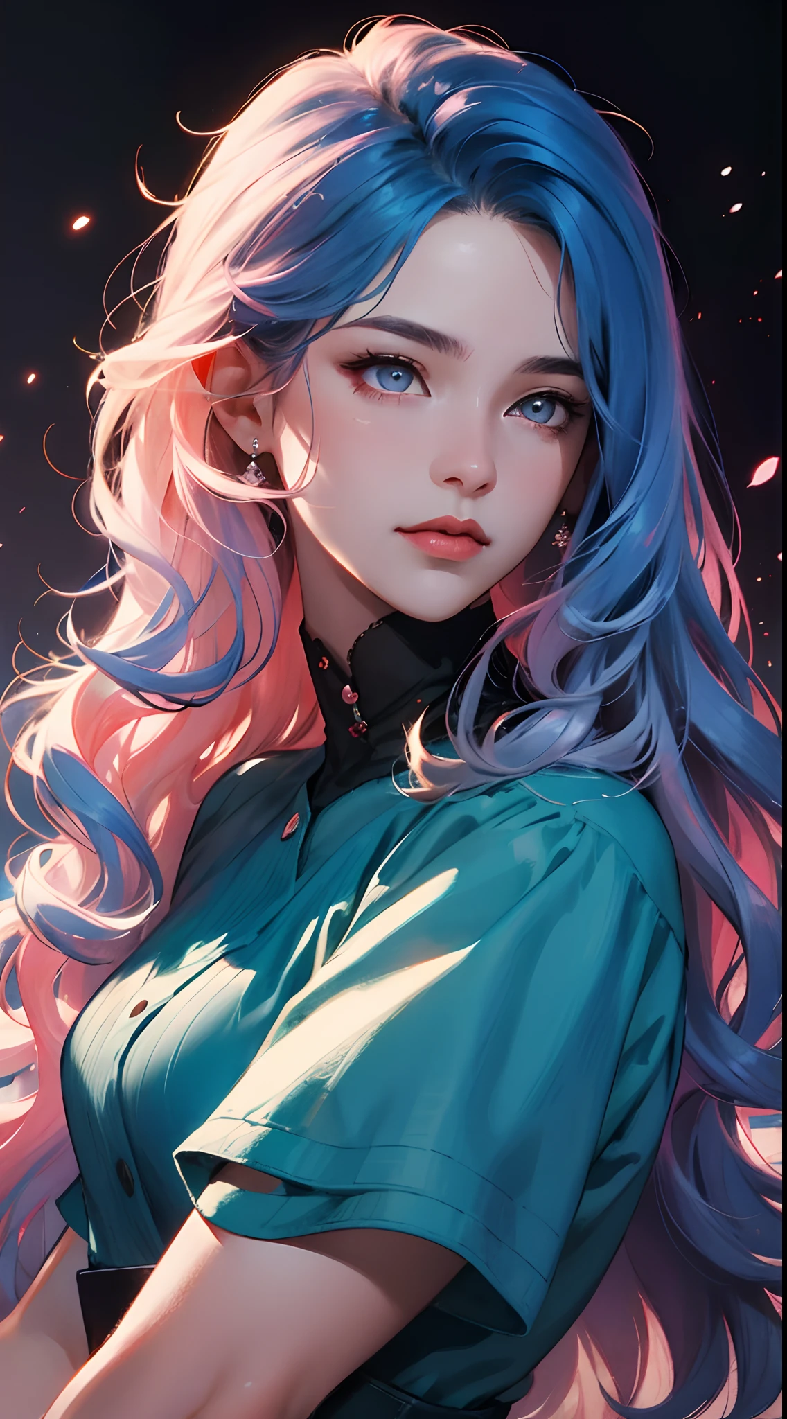 high high quality，tmasterpiece，Delicate facial features，Delicate hair，Delicate eyes，A girl with long pink and blue hair，Wavy curly hair，Wearing blue fashion clothes，Pink pop dress，retro shirt，Guweiz-style artwork，vintagestyle，Comic panel from 1990，MagazineCover，The background wall is a spliced newspaper，8K high quality detailed art（Delicate facial portrayal）（Fine hair portrayal）（highest  quality）（Master masterpieces）（High degree of completion）（a sense of atmosphere）8k wallpaper，tmasterpiece，Best quality at best，ultra - detailed（half-body portrait）