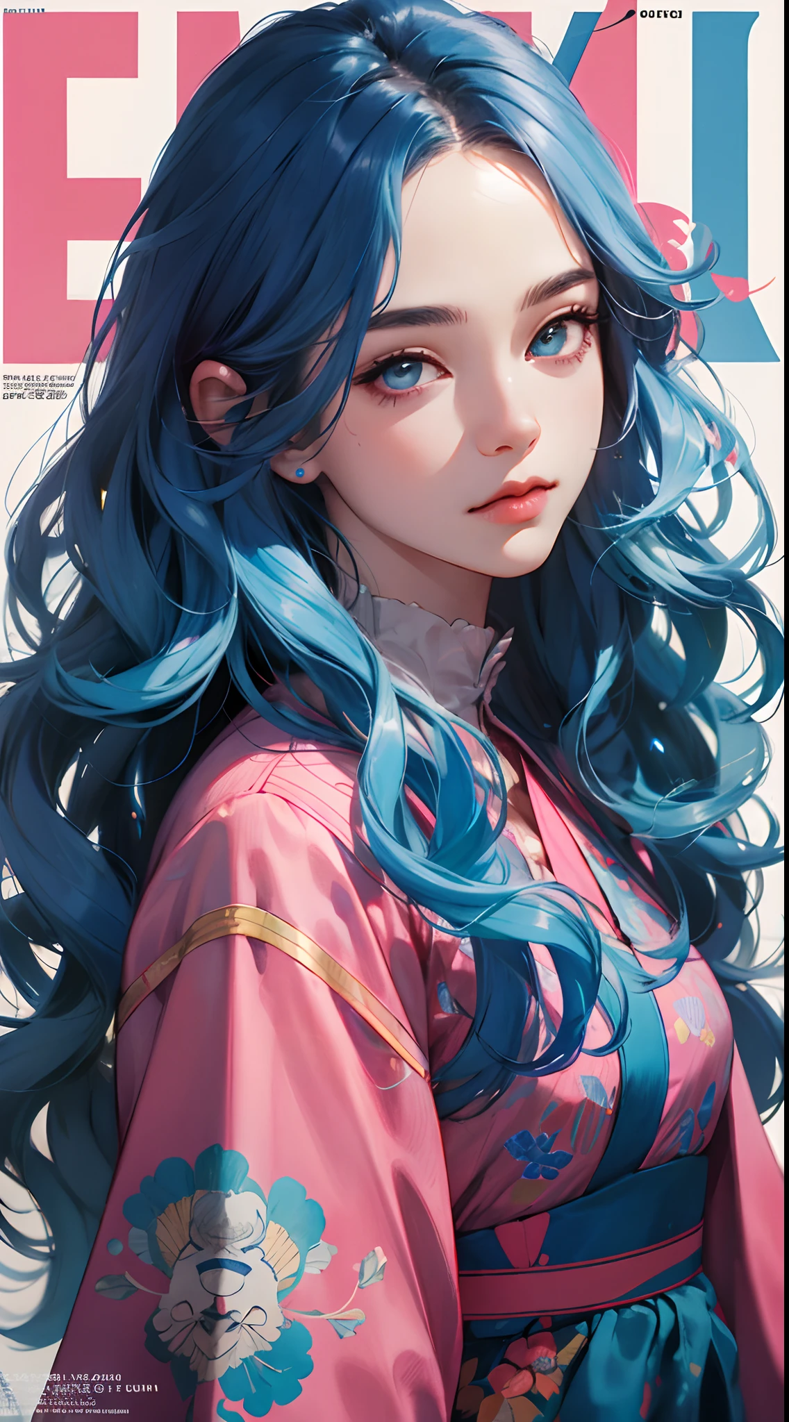 high high quality,tmasterpiece,Delicate facial features,Delicate hair,Delicate eyes,A girl with long pink and blue hair,Wavy curly hair,Wearing blue fashion clothes,Pink pop dress,retro shirt,Guweiz-style artwork,vintagestyle,Comic panel from 1990,MagazineCover,The background wall is a spliced newspaper,8K high quality detailed art(Delicate facial portrayal)(Fine hair portrayal)(highest quality)(Master masterpieces)(High degree of completion)(a sense of atmosphere)8k wallpaper,tmasterpiece,Best quality at best,ultra - detailed(half-body portrait)