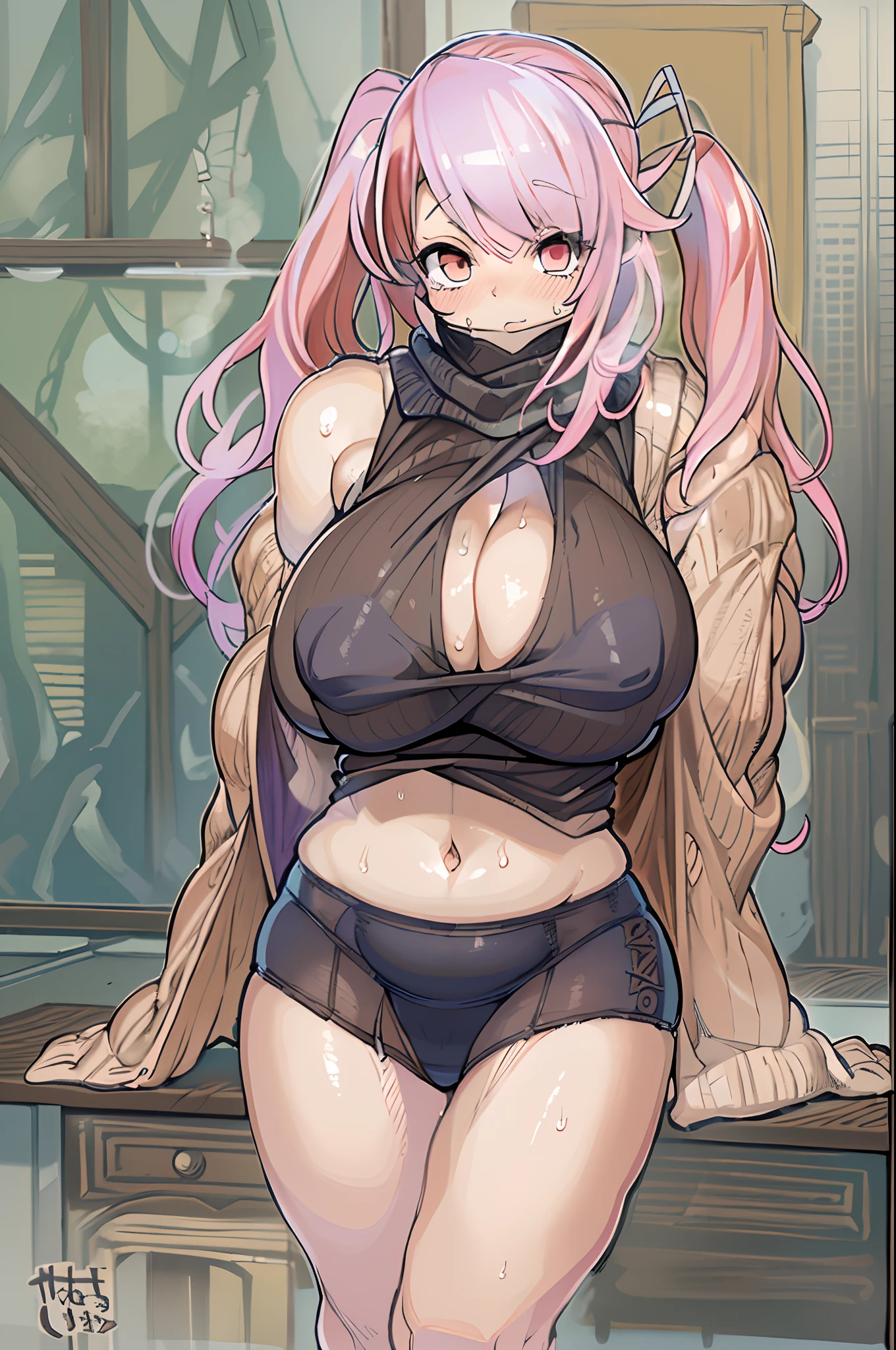 masutepiece, Best Quality, 1girl in, JinxLol, Solo, Large breasts, cleavage,, breast curtains,((((huge-breasted))))、((Ultramammy)),(Massive breasts:1.3), busty, Flowing sweat, narrow shoulder,(Impossible sweater:1.04), (see through:1.1), Sleeveless,panties aside