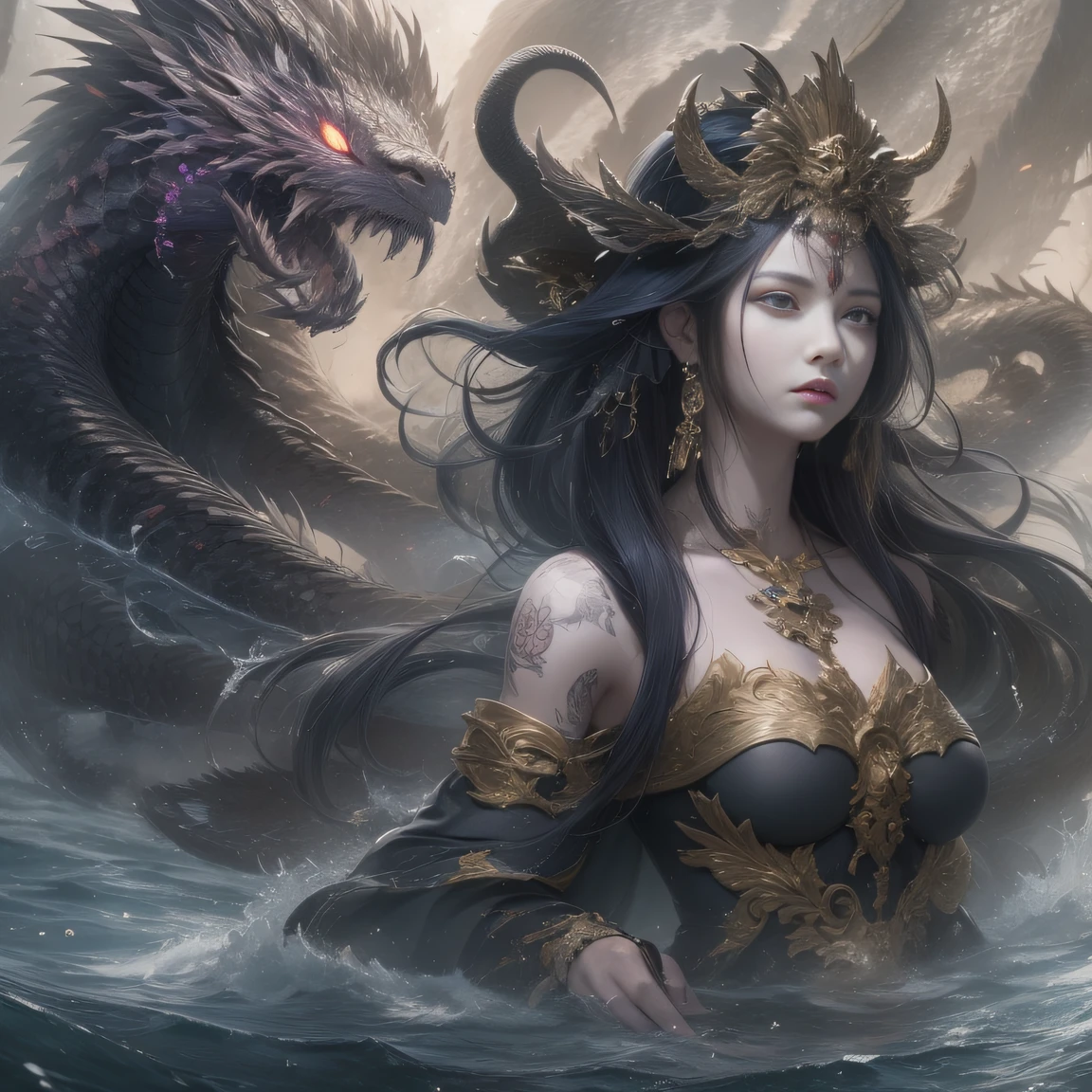 ((Storyboard:1.8, Hyper-realistic_layout))Water Goddess(best qualtiy,8K,Masterpiece)When the water god appears,gold mask,Dragon and tiger cane,Only heard, unseen。 That whistle echoed for a long time,It's like a prelude to impending death。 The image of the great evil man penetrates into the hearts of the people in advance,Become everyone's nightmare。 Wait until the water god appears,Wearing leather,Plus a baseball bat covered with wire,Full of oppression,The goddess of water is also careful to hide her kindness。 Because goodwill can become a weakness for survival,Hiding goodness is the way to survive in troubled times。 Zombies are not scary,Humans are terrible。The god of water succeeded,Both are for their own protection,It is also to protect companions。 good vs evil,Two sides of the seemingly opposite,But in the goddess of water, There are two sides to the same body。 Face the enemy,The water god is cruel,No mercy。 Face people who want to protect,The goddess of water is also gentle and loving。(Water goddess soldier head)Tattooed with,Smoke billowed out,thin fog,Moonsnow,Flowing black hair,Flowing black hair,Flowing black hair,Flowing black hair,Flowing black hair,Flowing black hair,Flowing black hair,Flowing black hair,Flowing black hair,Flowing black hair,