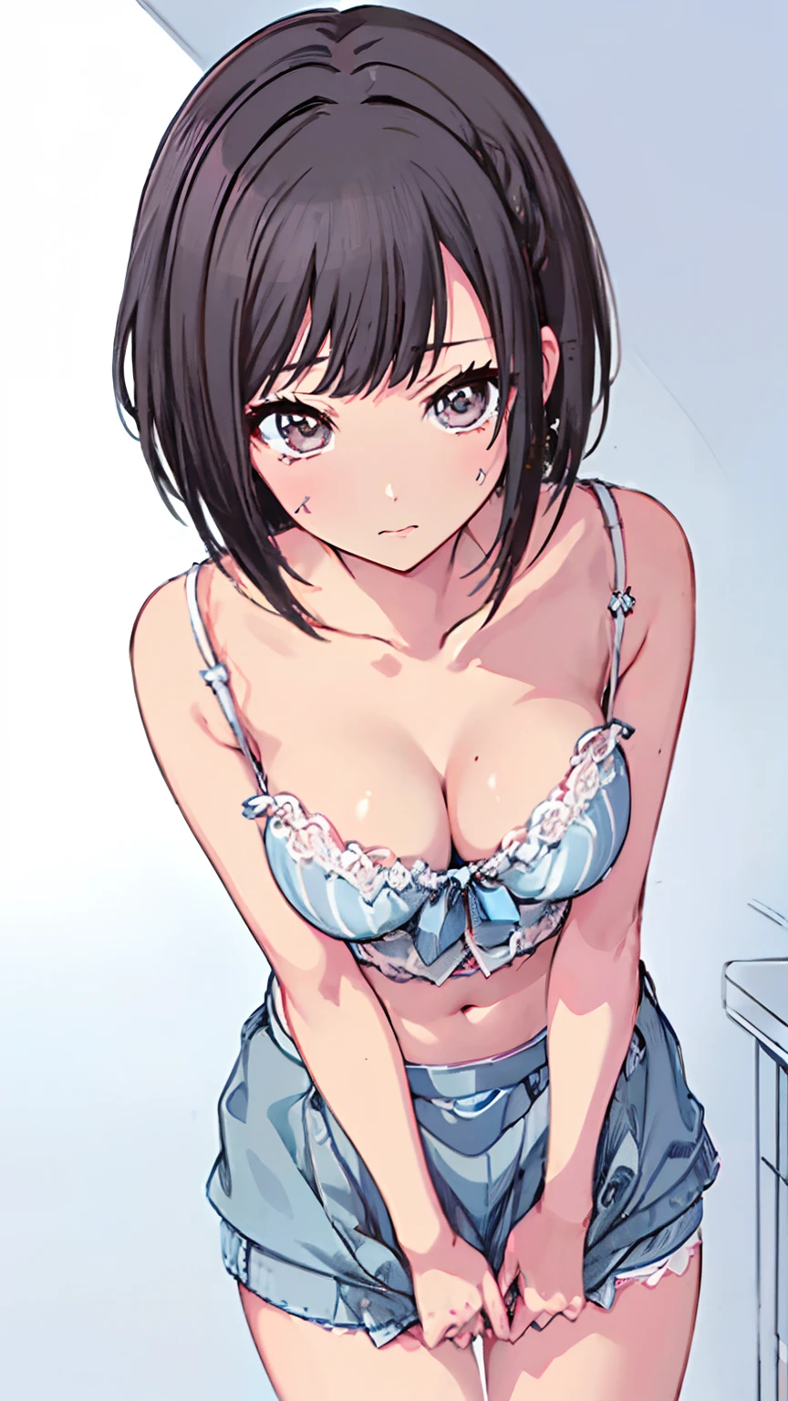 (Light blue camisole Pull up the skirt to show white panties The bra is visible Gravure Pose Very detailed down to the smallest detail clear outlines Beautiful face Beautiful skin) thin-waist A slender ribbed skinny limbs teats cleavage of the breast Beautiful breasts a short bob Uterine mouth Beautiful fingertips Light blue nails Anime style