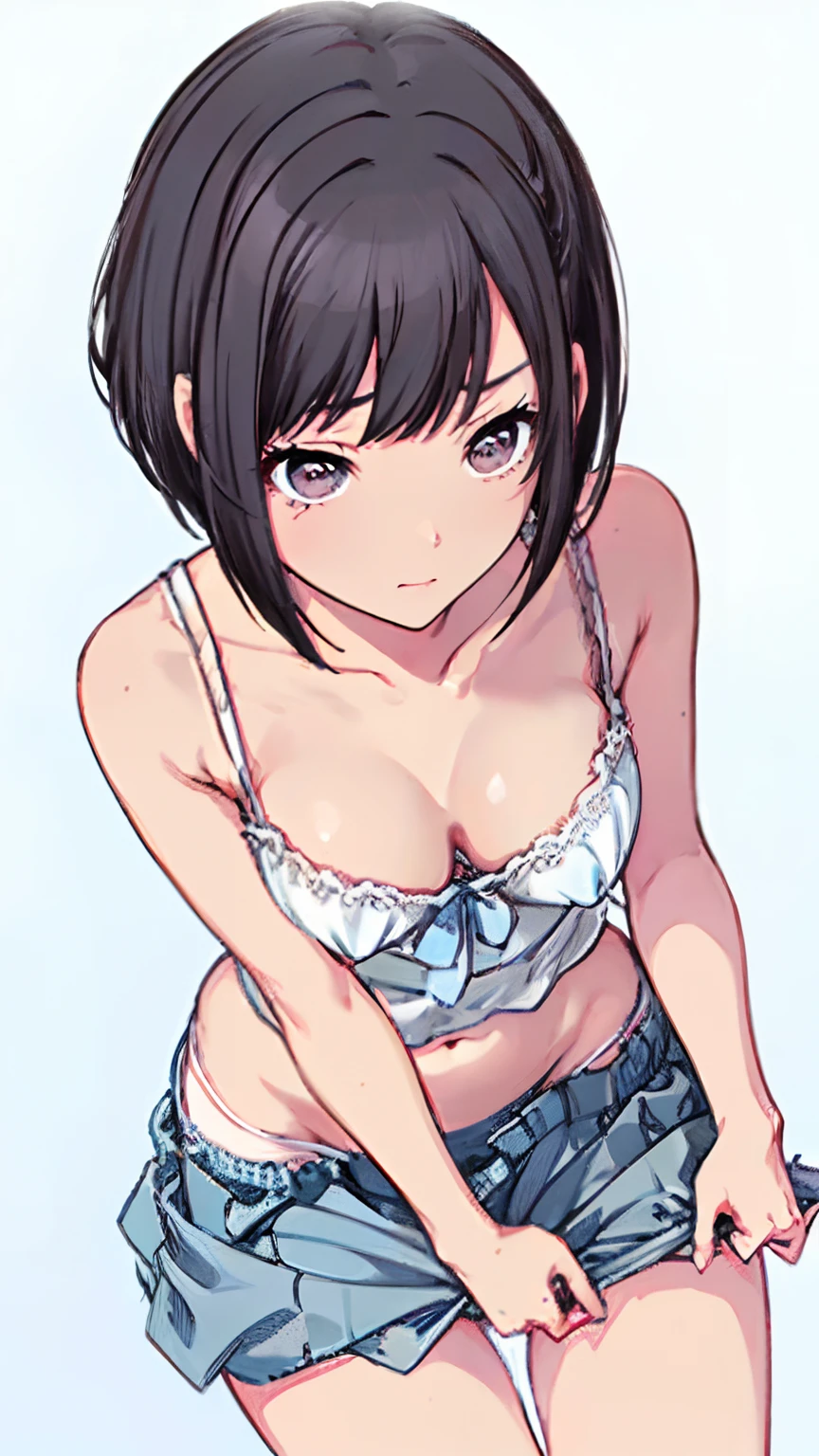 (Light blue camisole Pull up the skirt to show white panties The bra is visible Gravure Pose Very detailed down to the smallest detail clear outlines Beautiful face Beautiful skin) thin-waist A slender ribbed skinny limbs teats cleavage of the breast Beautiful breasts a short bob Uterine mouth Beautiful fingertips Light blue nails Anime style