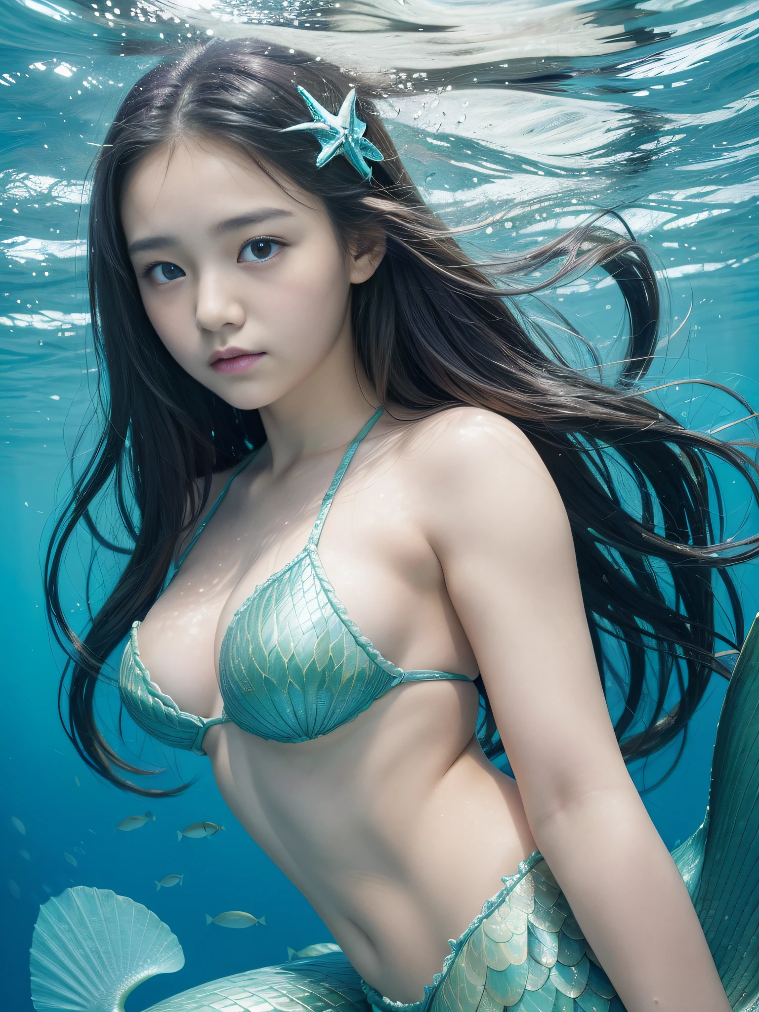 8K、Underwater Mermaid Girl - Sea、Mermaid Girl、 Japan and beautiful girl、Slightly baby-faced、ing effsw、siren、full body Esbian