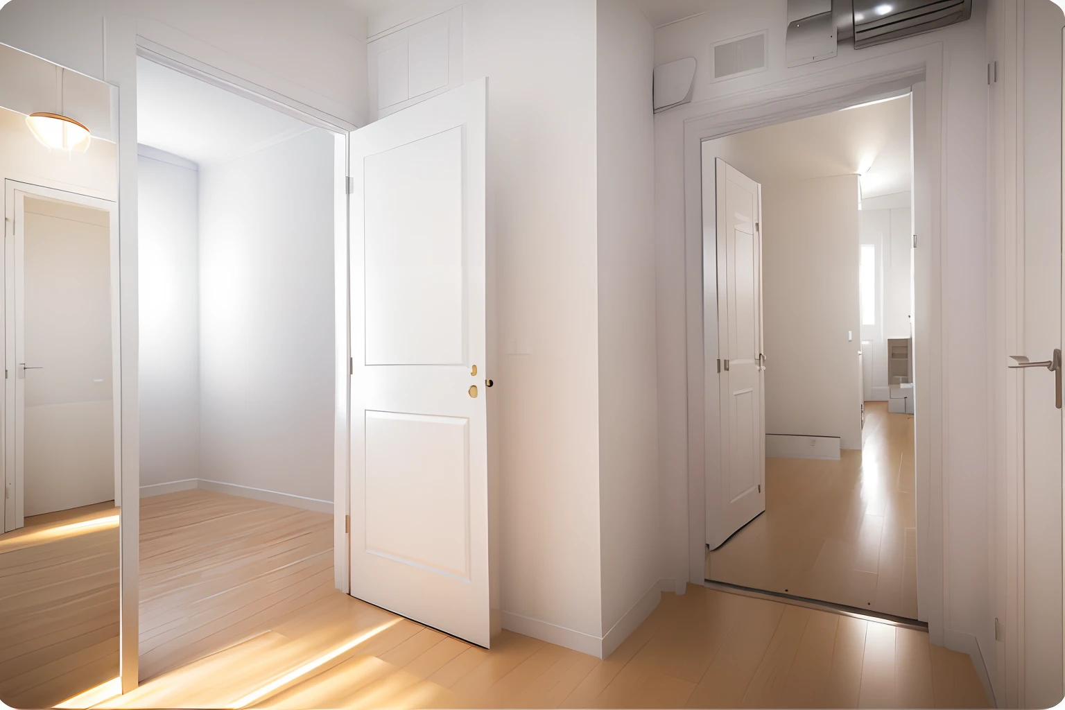 there is a hallway with a open bedroom door and a closed front door and a mirror in it, door to bedroom, flat image, apartment hallway, location in a apartment, new apartment, sparse room, door to bedroom, IKEA, doors, an empty hallway, narrow hallway, in a western Swedish apartment, filled with natural light, white stained wooden floor, doorway, white walls, interior