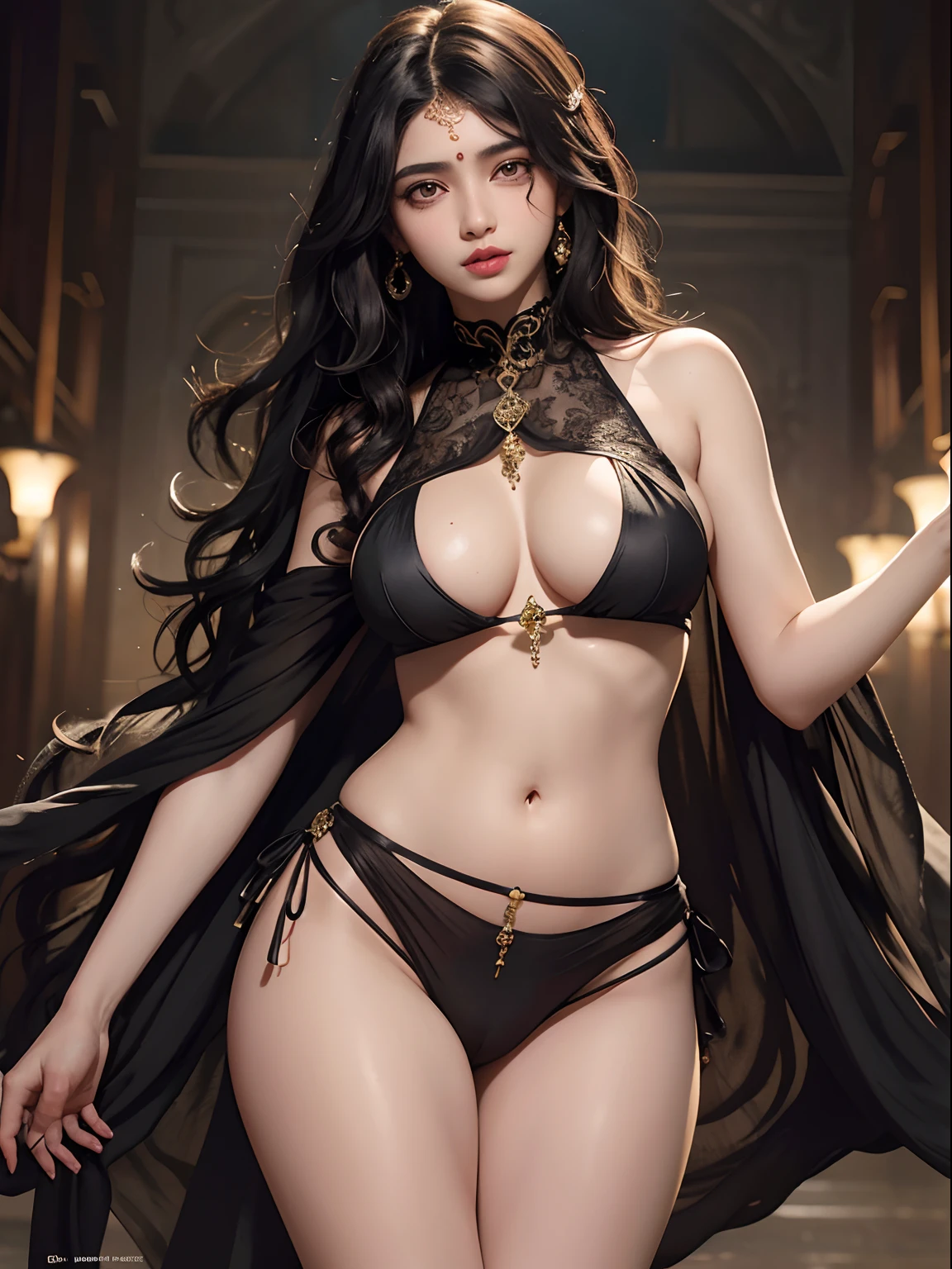 Realistic, high resolution, 1 girl, black wavy hair, indian, heterochrome eyes, small moles under the eyes, sexy transparent saree, big breasts, long legs, a thin layer of fat ,navel ,cleavage , sexually bit her lip