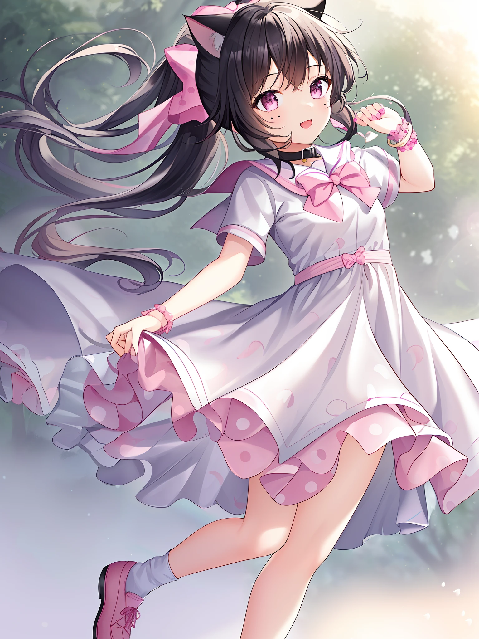One girl with adorable realcat stickers in her long, dark hair stands embarrassed in front of a white background. With her pink dress and blushing cheeks, she tries to keep her mouth shut as she contours her body to hide an unexpected accident - a small puddle forming on the ground beneath her mini skirt. The vector art style adds intricate details to her fine skin and expressive kawaii facial features. Despite the awkward situation, her  frame exudes a quiet cuteness that is impossible to ignore.