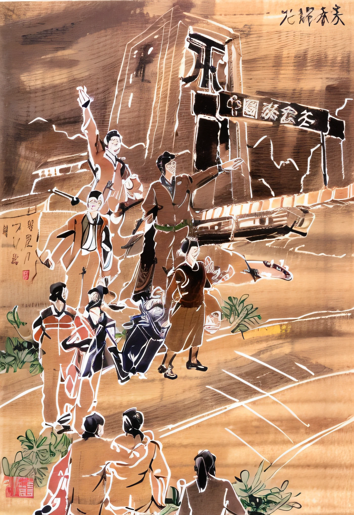 Drawing of a group of people standing in front of a building, inspired by Cui Zizhong, author:Cui Zizhong, author:Sheng Maoye, author:Shen Zhou, full page illustration, Inspired by Fenghua Zhong, Line sketch, author:Yan Hui, author:Jiang Huian, inspired by Gu Hongzhong, chinese brush pen illustration
