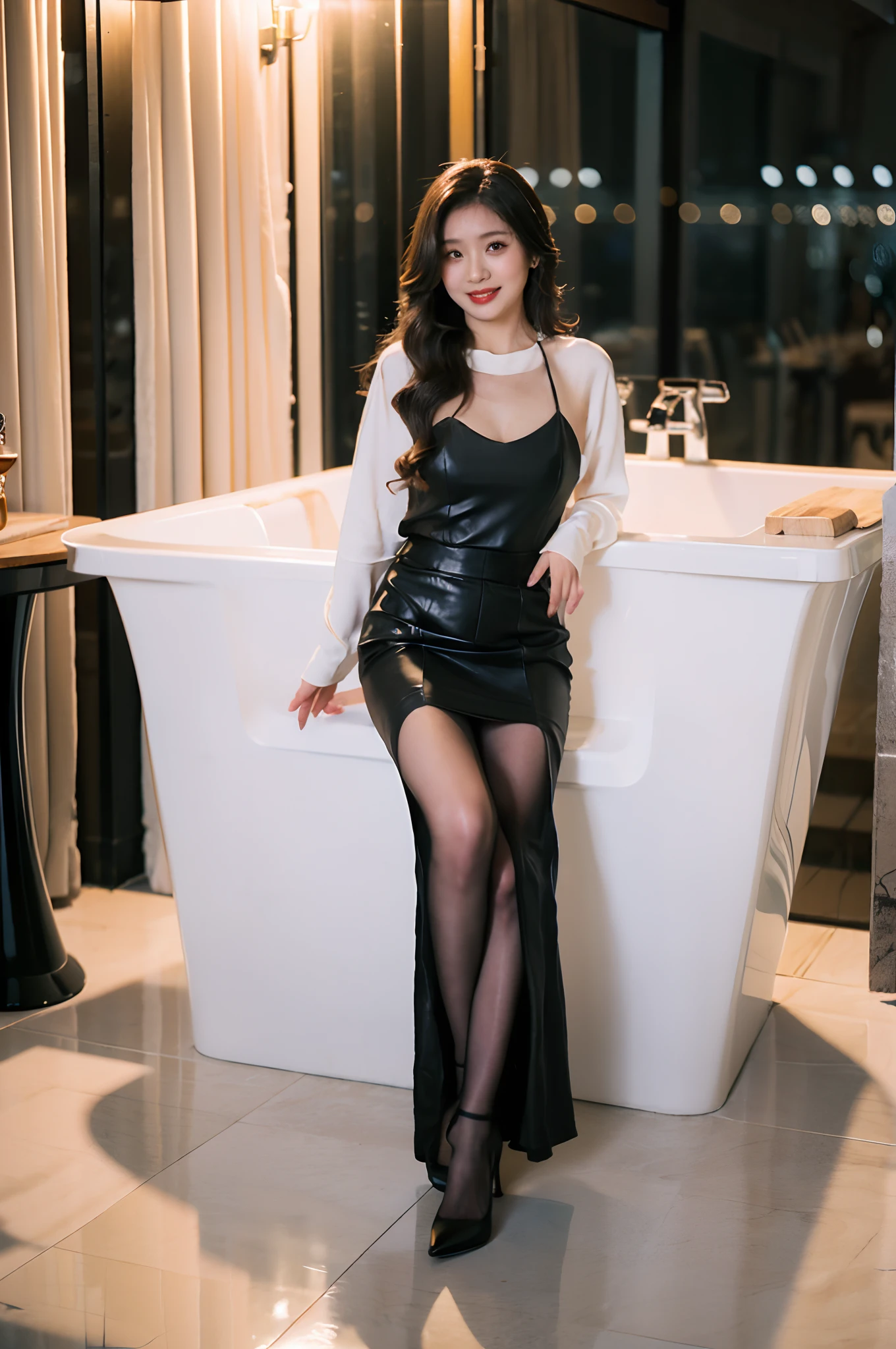 Best quality,Masterpiece,超高分辨率,(Realisticity:1.4),Original photo,Cinematic lighting,
1girll,Smile,Ocean,Sheer shredded jumpsuit，Stiletto heels，Leather skirt，huge tit，largeeyes，standing on your feet，In the bath，Tight silk long sleeves