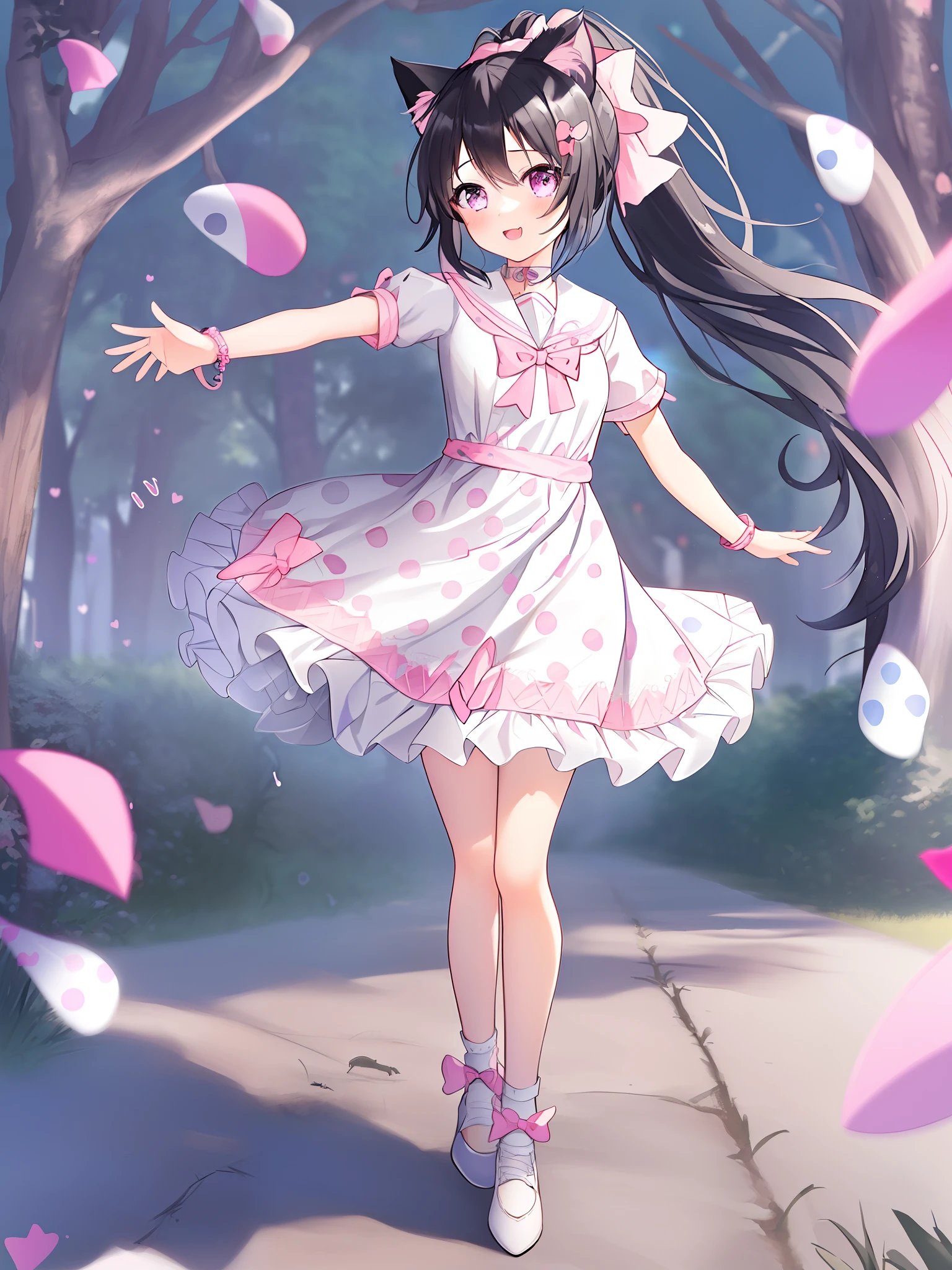 1 girl, solo, masterpiece, highres, ultra details, CG quality, cute little girl, petit girl, underaged, full body, (black hair:1.5), grey eyes, high quality eyes, high quality hands, (ponytail:1.3), (hair bow:1.3), (cat ears:1.4), (white dress with pink dots:1.8), short sleeves, (square sailor collar:1.3), lace bracelets, bare legs, fold ankle socks, (pink embroidered shoes:1.3), standing, delighted, spreading arms, spinning on tiptoe, forest, high quality background, depth of field