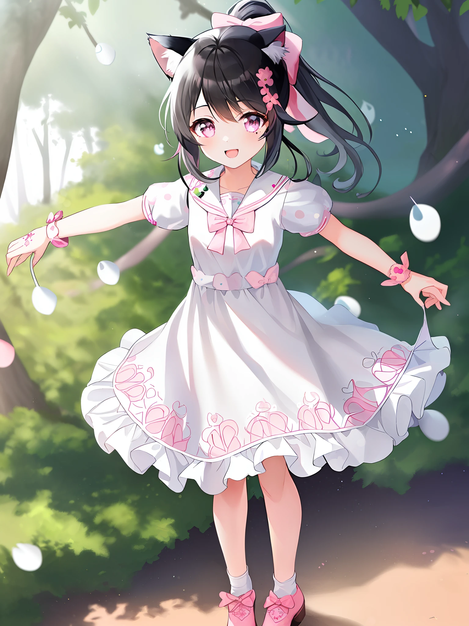 1 girl, solo, masterpiece, highres, ultra details, CG quality, cute girl, petit l, underaged, full body, (black hair:1.5), grey eyes, high quality eyes, high quality hands, (ponytail:1.3), (hair bow:1.3), (cat ears:1.4), (white dress with pink dots:1.8), short sleeves, (square sailor collar:1.3), lace bracelets, bare legs, fold ankle socks, (pink embroidered shoes:1.3), standing, delighted, spreading arms, spinning on tiptoe, forest, high quality background, depth of field