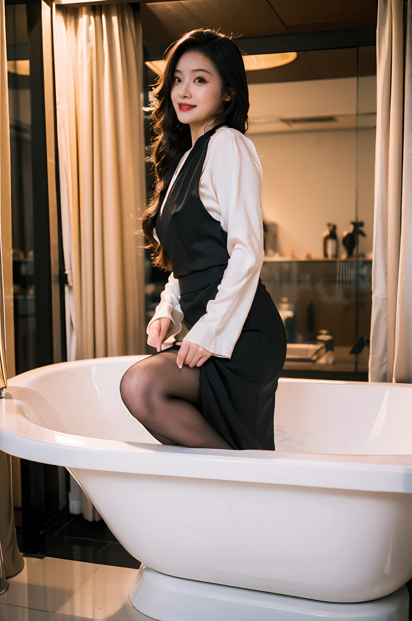 Best quality,Masterpiece,超高分辨率,(Realisticity:1.4),Original photo,Cinematic lighting,
1girll,Smile,Ocean,Sheer shredded jumpsuit，Stiletto heels，Leather skirt，huge tit，largeeyes，standing on your feet，In the bath，Tight silk long sleeves