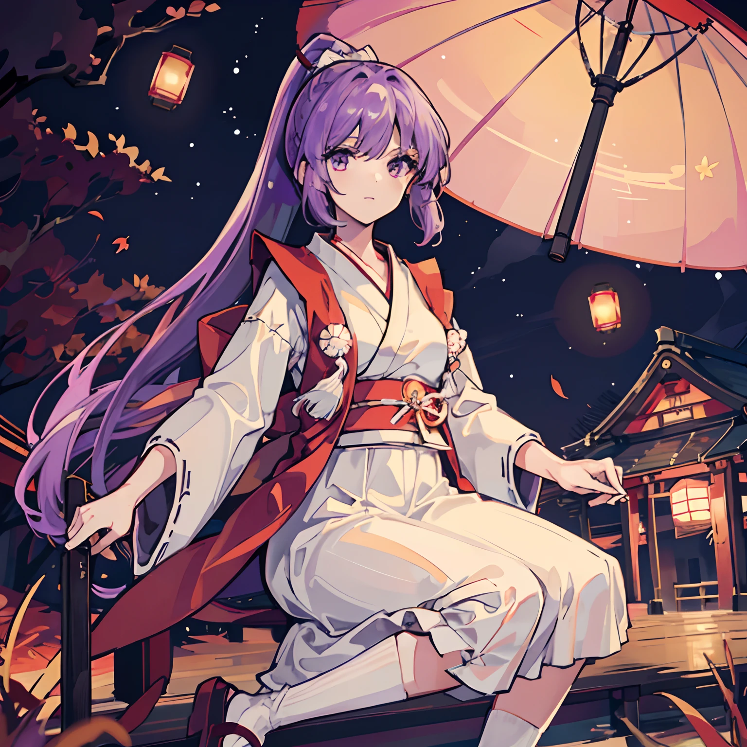 masterpiece, fine detail, 4k, 8k, 12k, solo, solo, beautiful girl, white woman, Meira from Touhou Project, purple hair, ponytail, Japanese clothes, walking, Japanese umbrella, detailed background, Japanese city, Japan architecture, night sky, night, lantern, autumn, autumn leaves