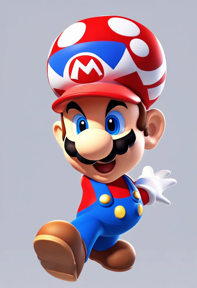 (Mario), character design, Nintendo Super Mario, (blue eyes, red hat, red suit, blue suspenders, white gloves, )super cute blind box style, chibi, full body, exaggerated expressions and actions, clean background, bright iridescent highlights, studio lighting, atmospheric lighting, with exquisite texture, high detail, high resolution, c4d, 3D, Blender, 8k, best quality, ultra high definition