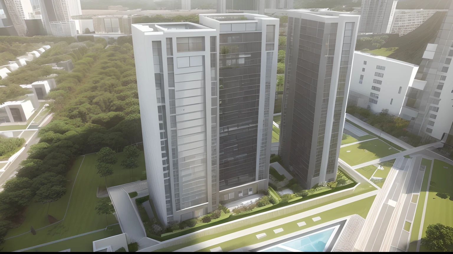 a modern high-rise apartment complex with a 3D rendering. The complex consists of three tall buildings with a shared courtyard and pool. The buildings are rectangular in shape with a gray facade and balconies on each floor. The courtyard has greenery and a blue pool. The image is set against a white background with a grid-like floor.