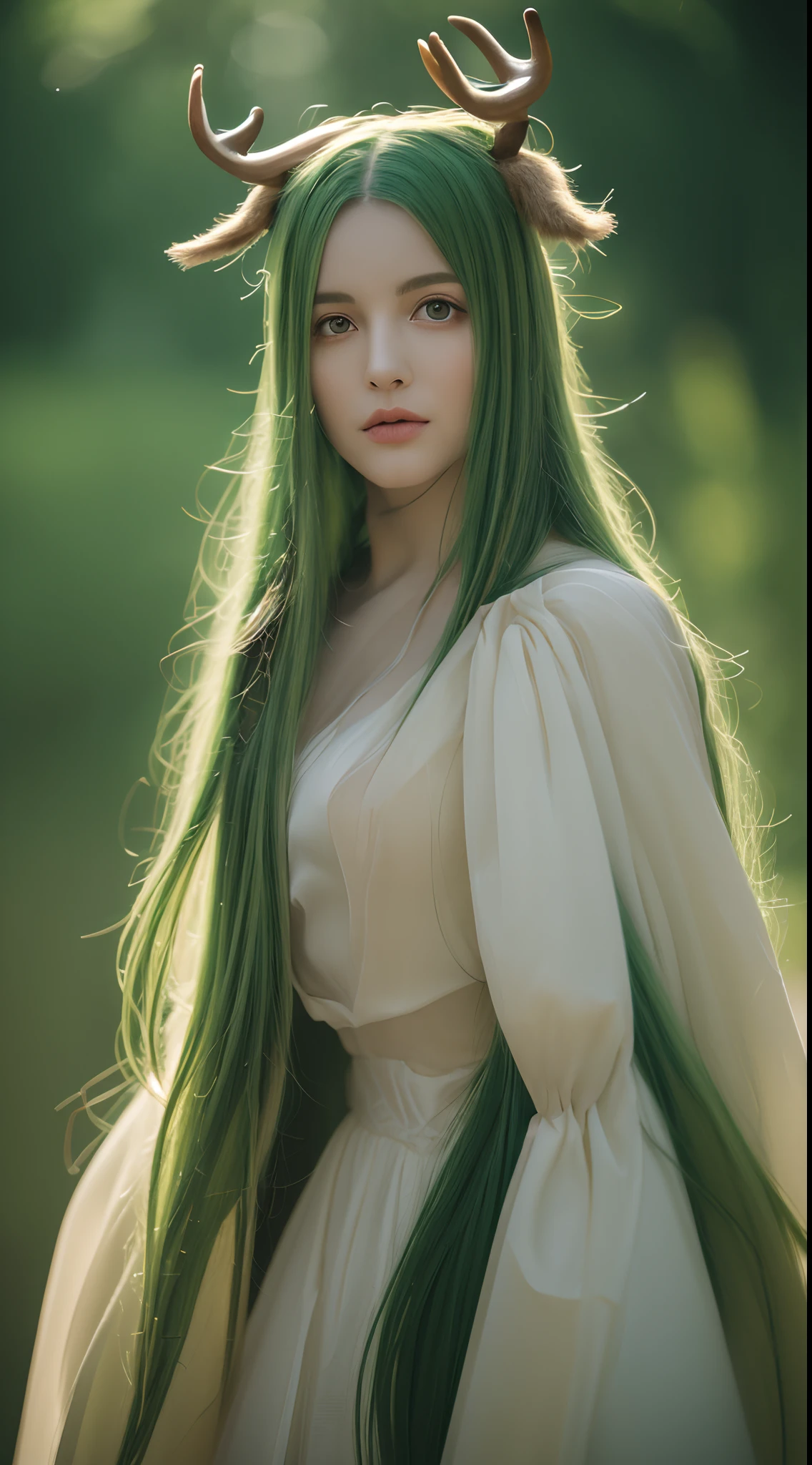 (Best quality,4K,8K,A high resolution,Masterpiece:1.2),Ultra-detailed,(Realistic,Photorealistic,photo-realistic:1.37),Blurred,Green-haired beauty,Yellow vertical pupils,deer antlers,Maid decoration,Soft lighting,Bending over,Playful and elegant,Sharp focus,ultra - detailed,Ethereal,Landscape painting,Vibrant colors,Soft lighting