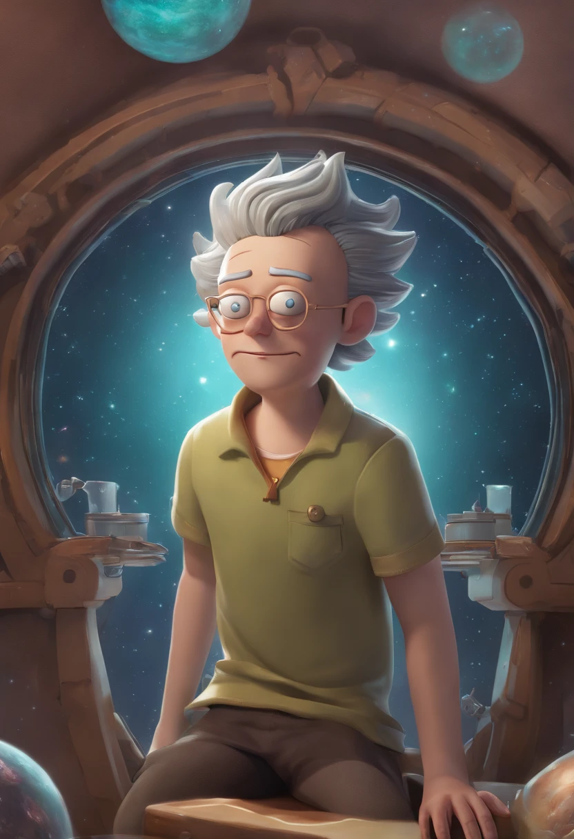 (beste-Qualit:1.2,ultra-detailed,Realstic:1.37),Rick and Morty character design in the artistic style of the Rick and Morty universe,high resolucion,professionnel,portrait,Anime,Couleurs vives,Rendu physique,Detailed facial features,mise au point nette,expression bon enfant,stylized hair,Universe Background,dimension du portail,Accessoires humoristiques,Fiction scientifique,studio lighting,Bokeh